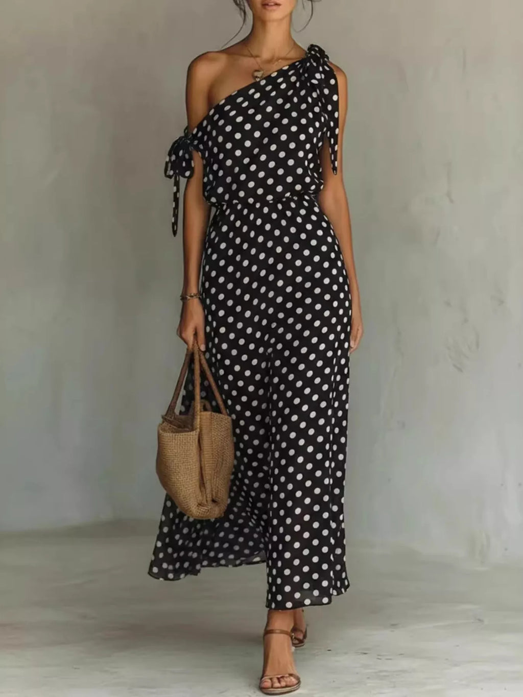 Full Size Polka Dot One-Shoulder Maxi Dress Plus Size
