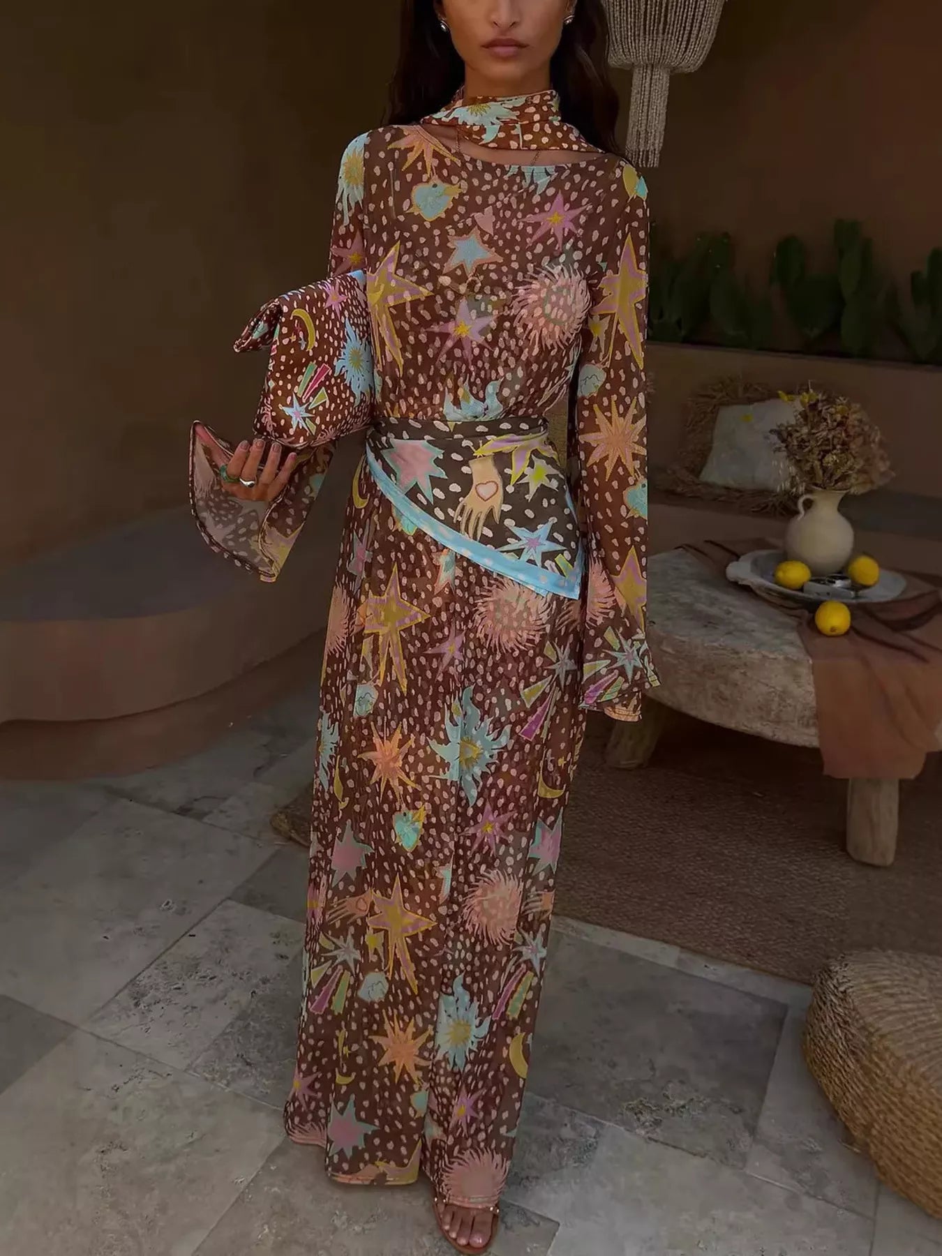 Printed Cami Dress & Long Sleeve Dress & Ribbon Set