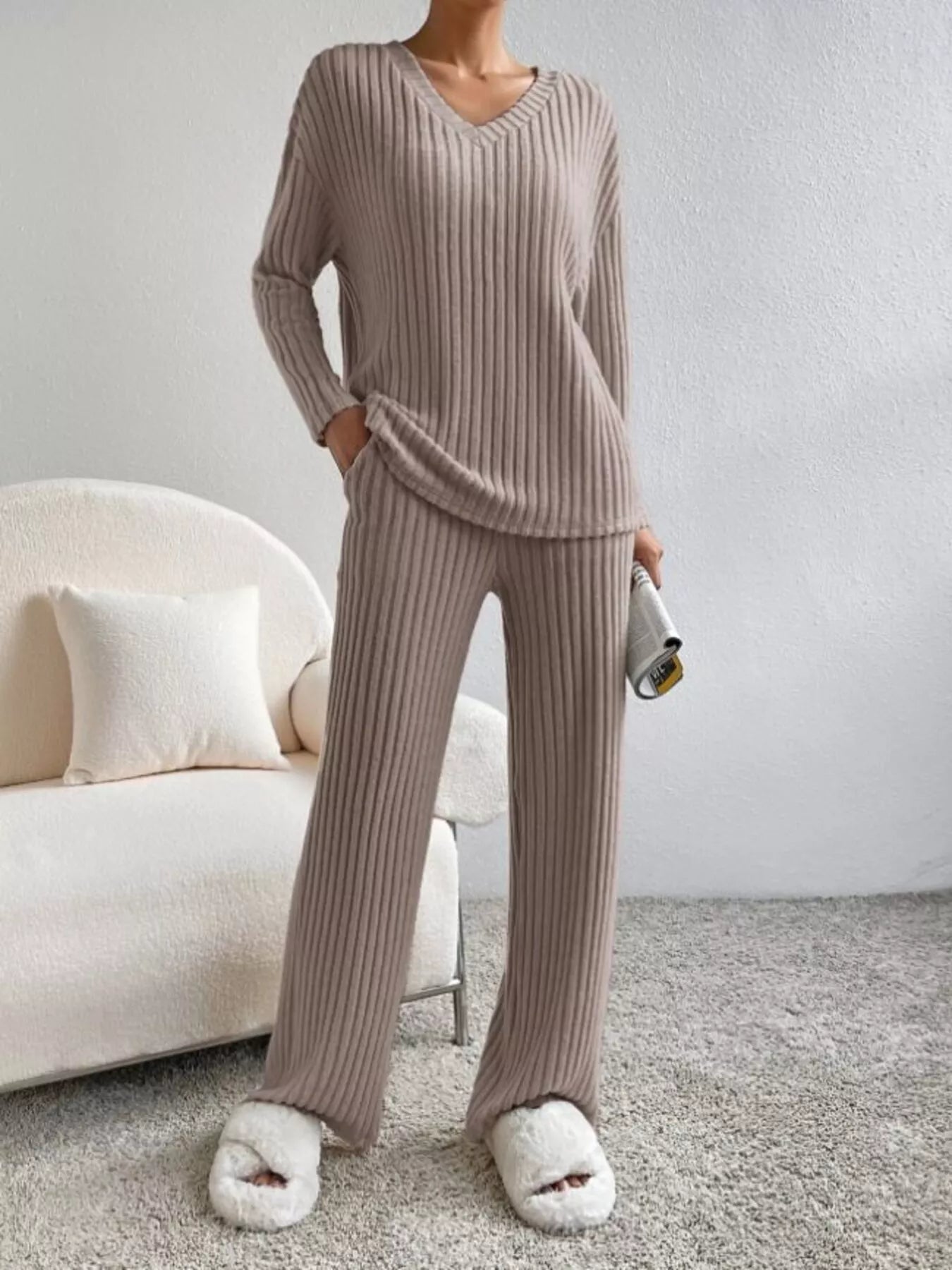 Ribbed Knit V-Neck Top and Pants Set
