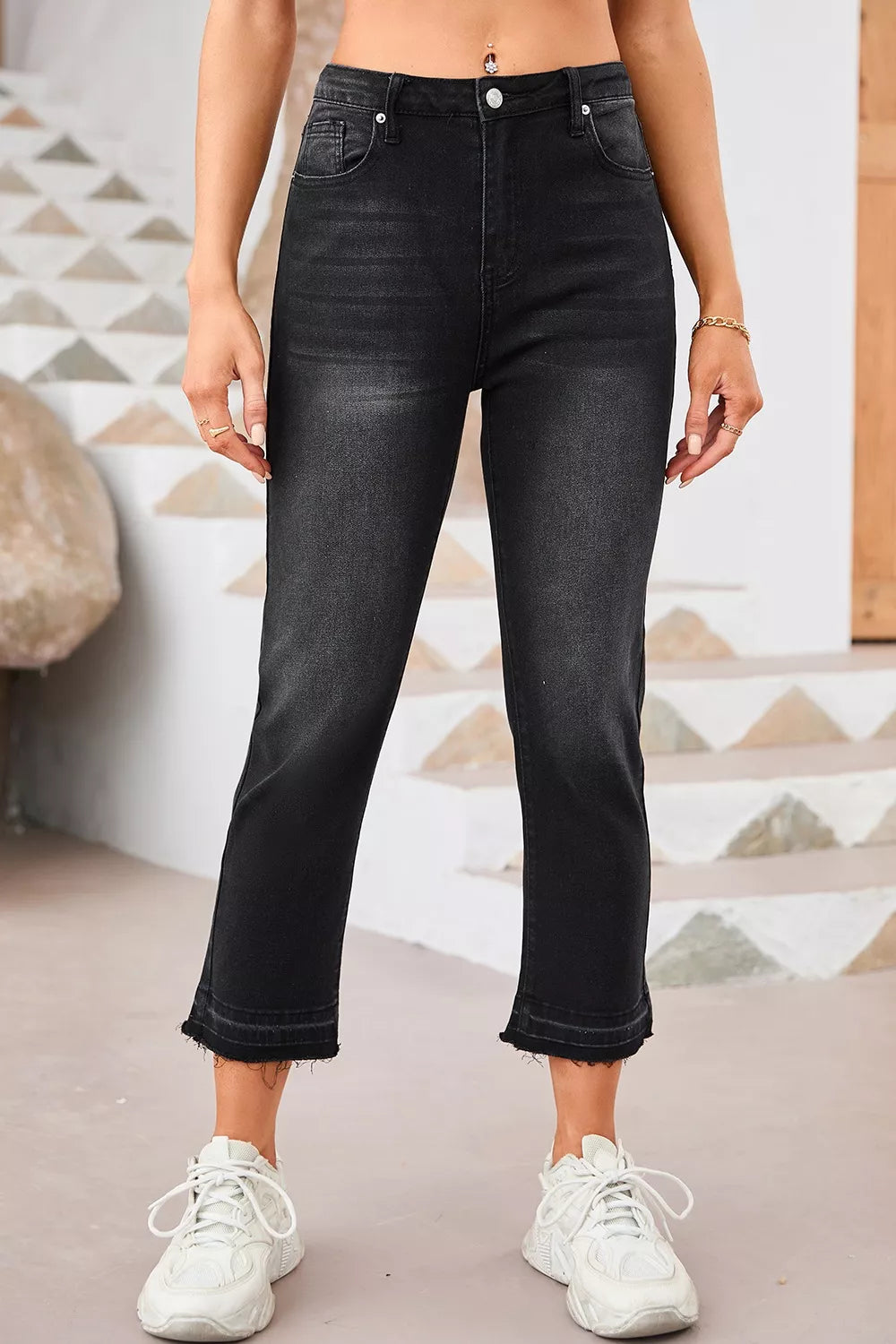 High-Waisted Distressed Hem Straight Leg Jeans
