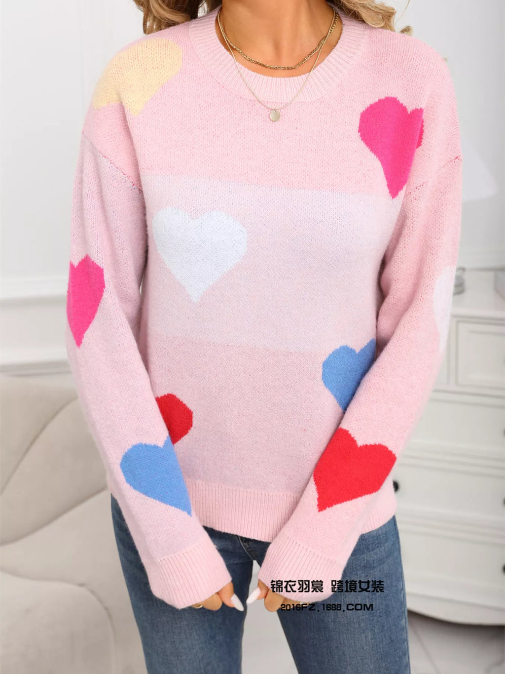 Valentine's Day Heart Round Neck Dropped Shoulder Sweater