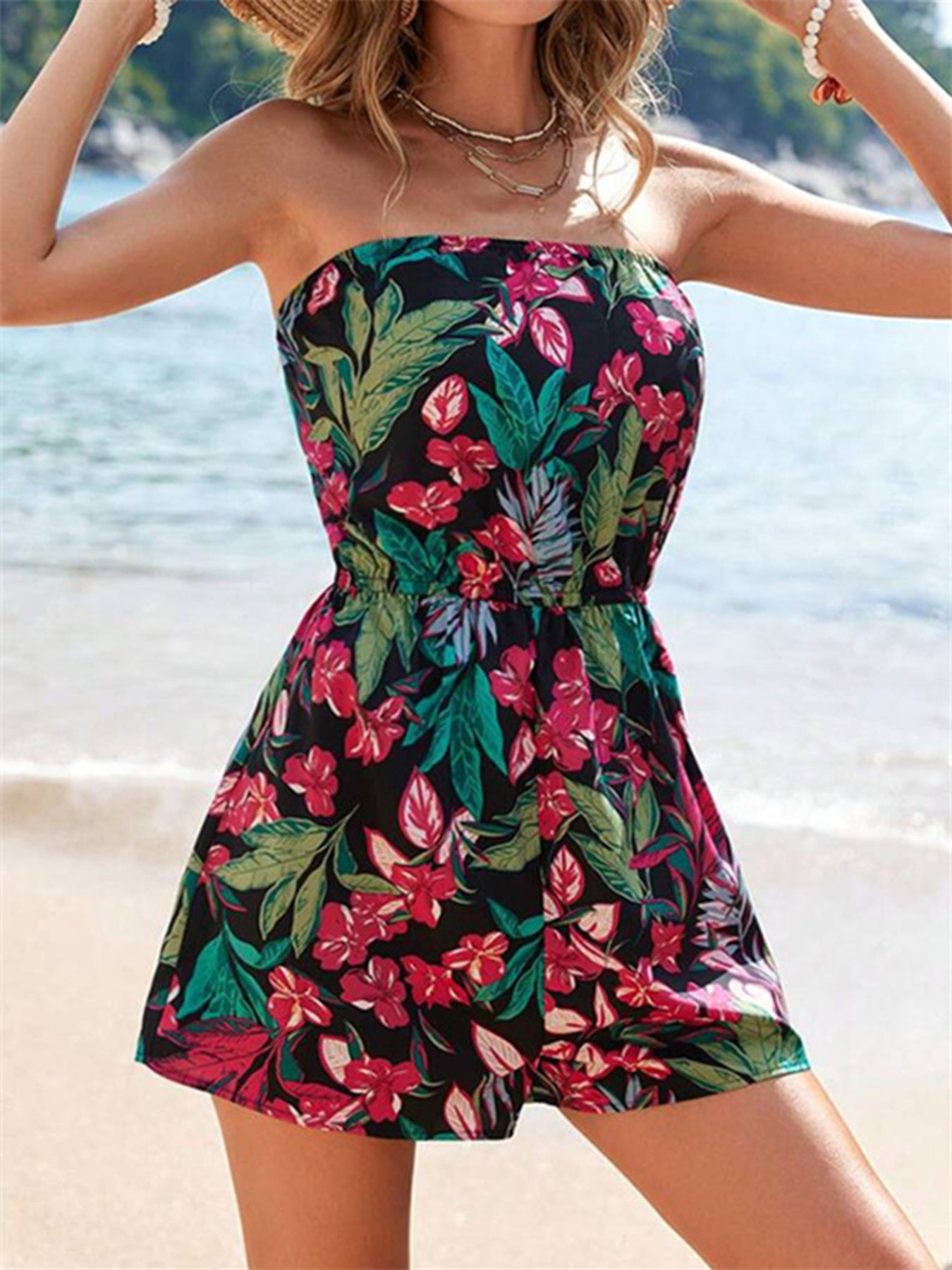 Floral Print Strapless Elastic Waist Romper