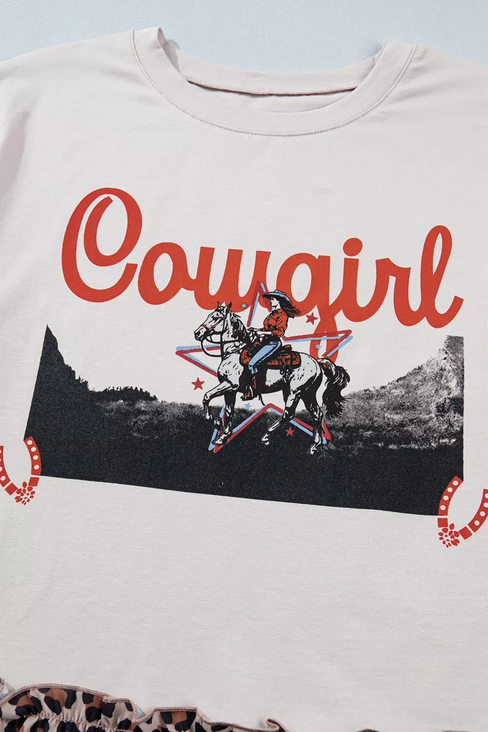 COWGIRL Print Leopard Ruffle Hem Patchwork T Shirt