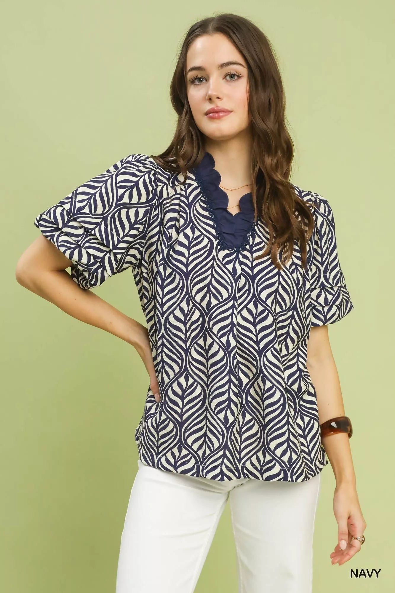 Umgee Printed Puff Sleeve Ruffle Neck Top