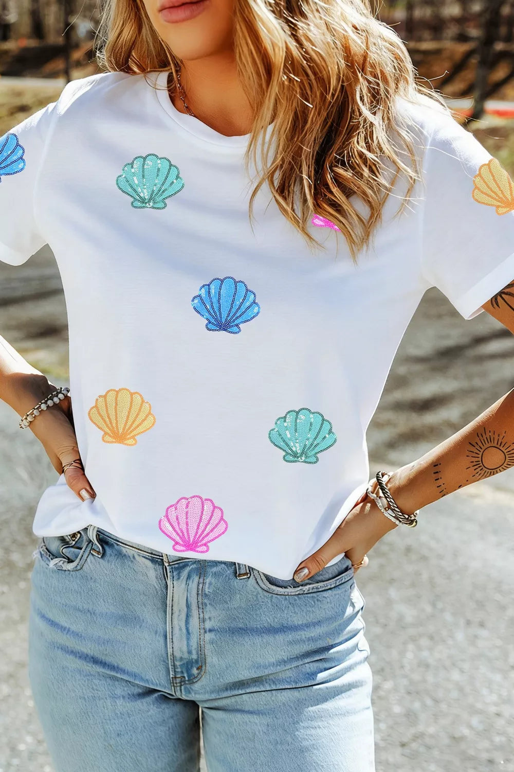 Sequin Shell Graphic Summer Loose T Shirt