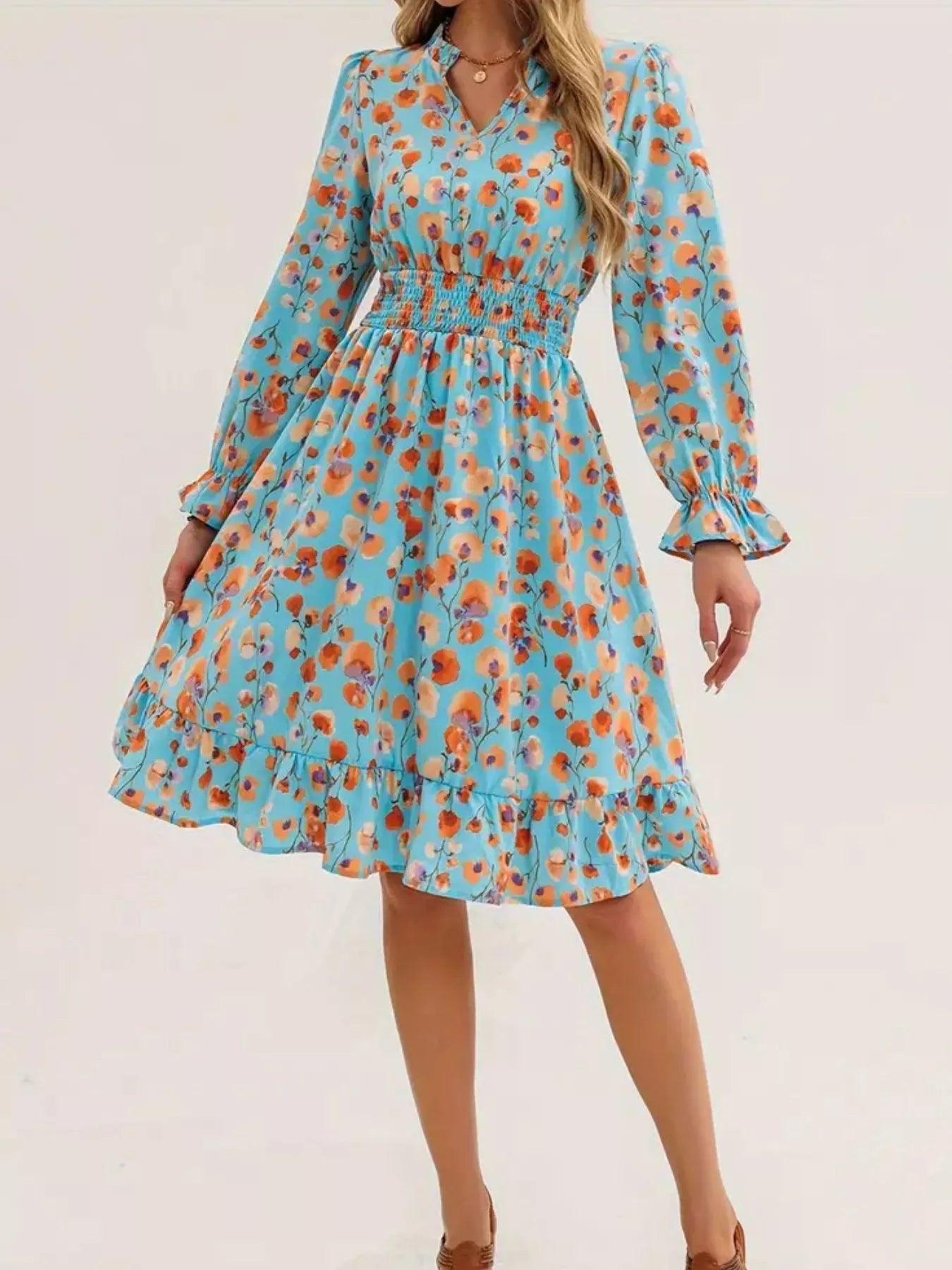 Floral Notched Flounce Sleeve Dress