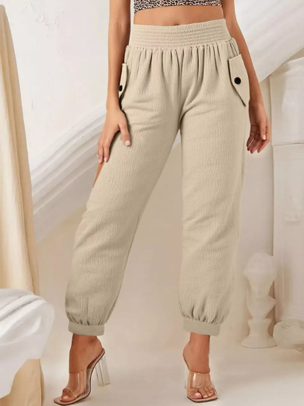 Smocked Textured Casual Pants