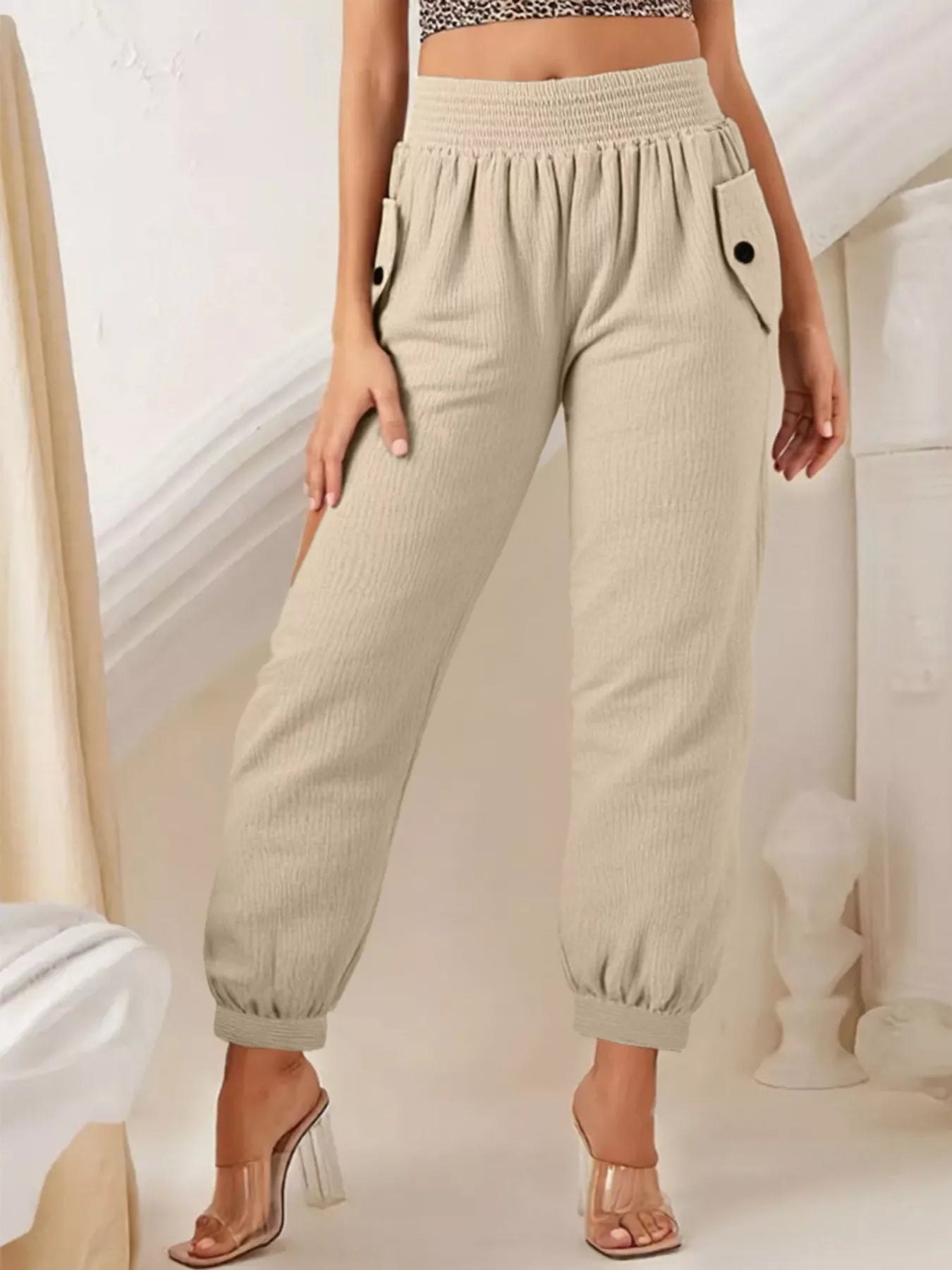 Smocked Textured Casual Pants