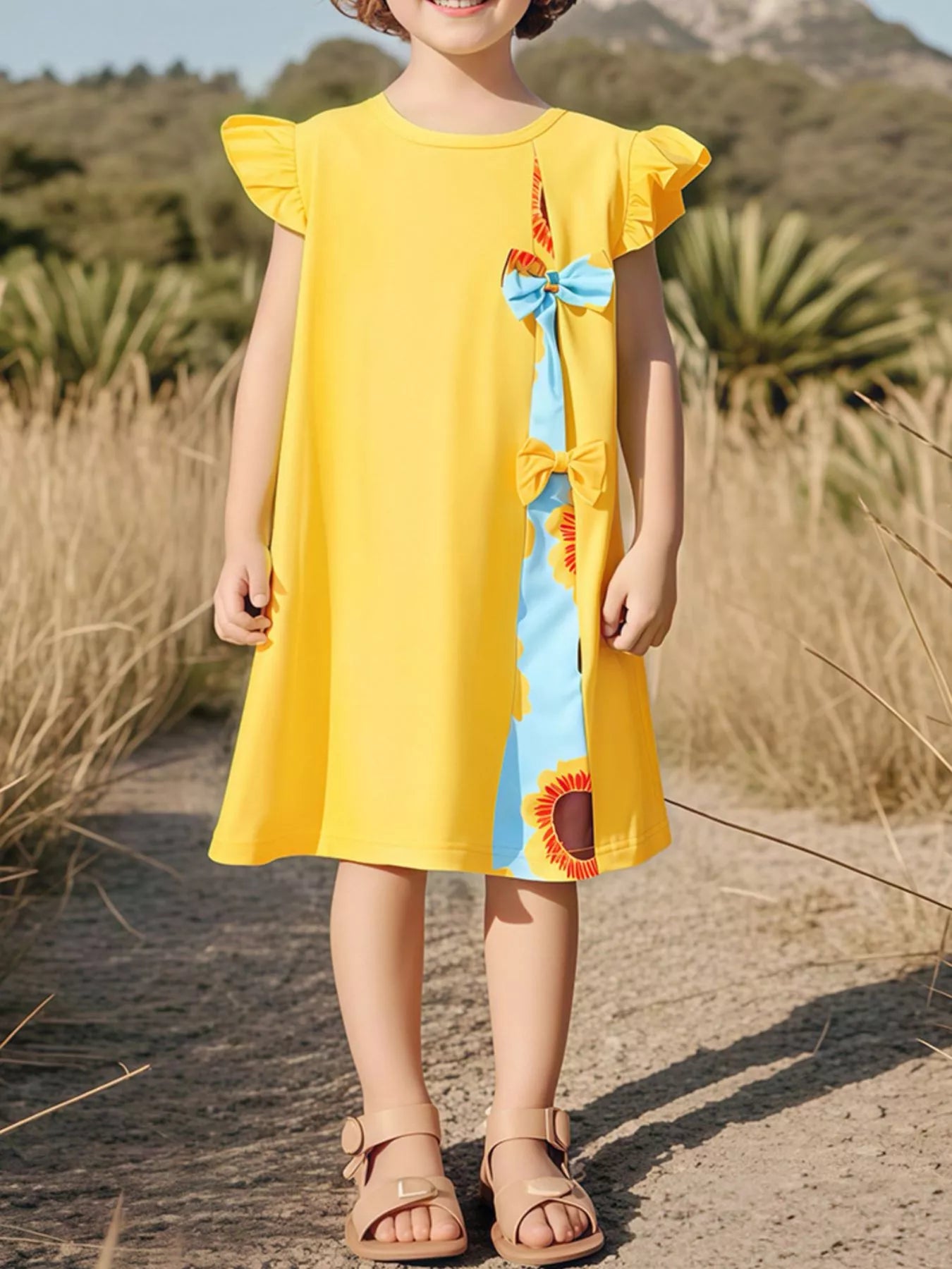 Children's Sunflower Ruffle Cap Sleeve Dress