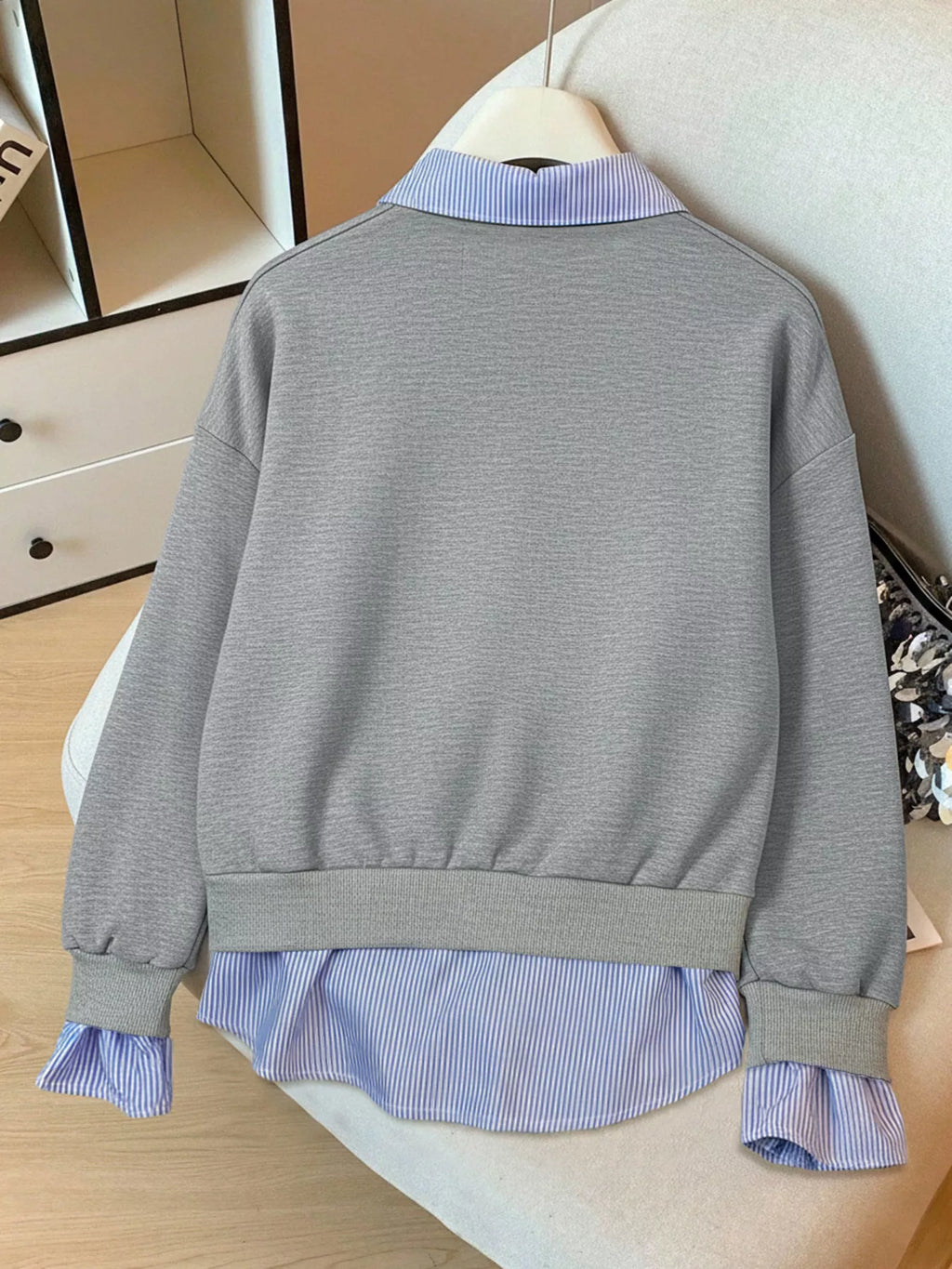 Striped Collar Long Sleeve Fake Two Piece Sweatshirt