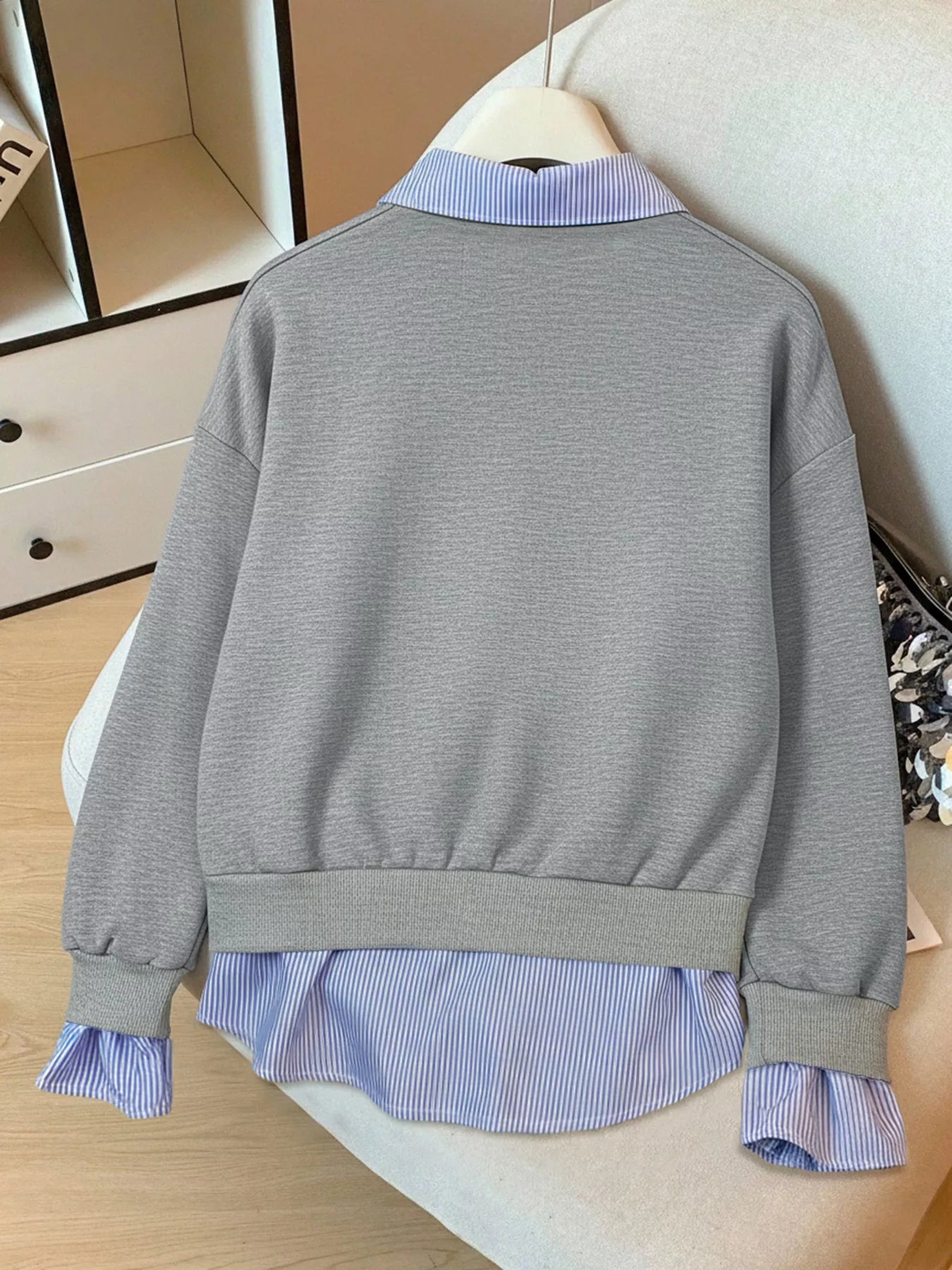 Striped Collar Long Sleeve Fake Two Piece Sweatshirt