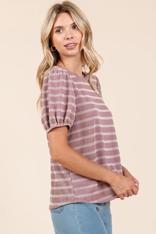 Mittoshop Contrast Striped Short Puff Sleeve Knit Top