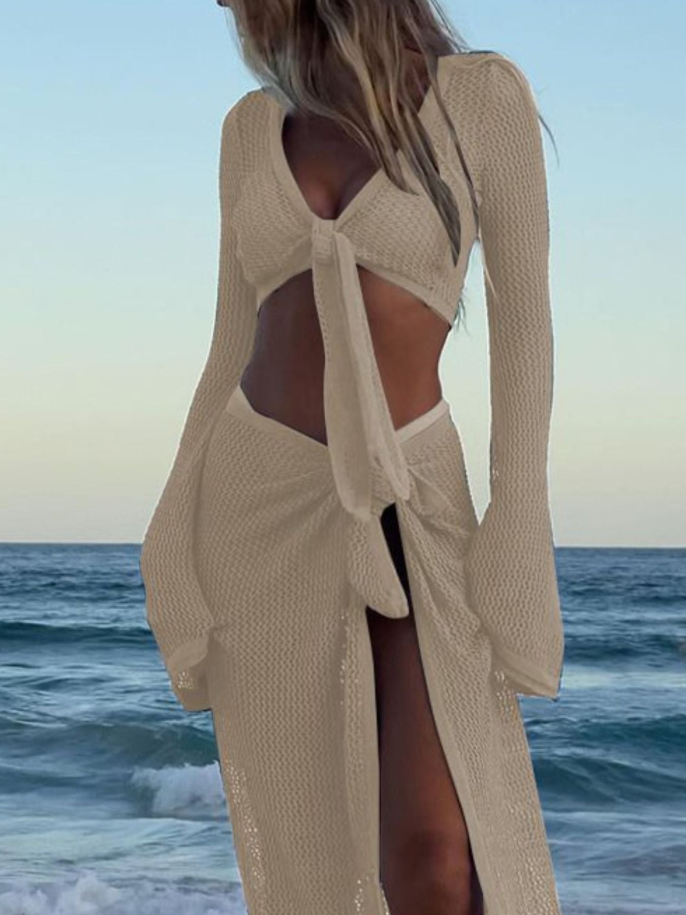 Crochet Knit Long Sleeve Crop Top and Slit Skirt Sweater Set