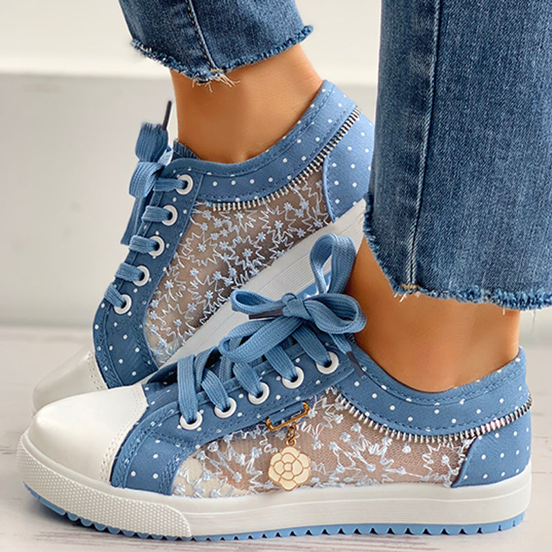 Floral Embroidered Polka Dot Print Sneakers — Women’s Casual Canvas Shoes