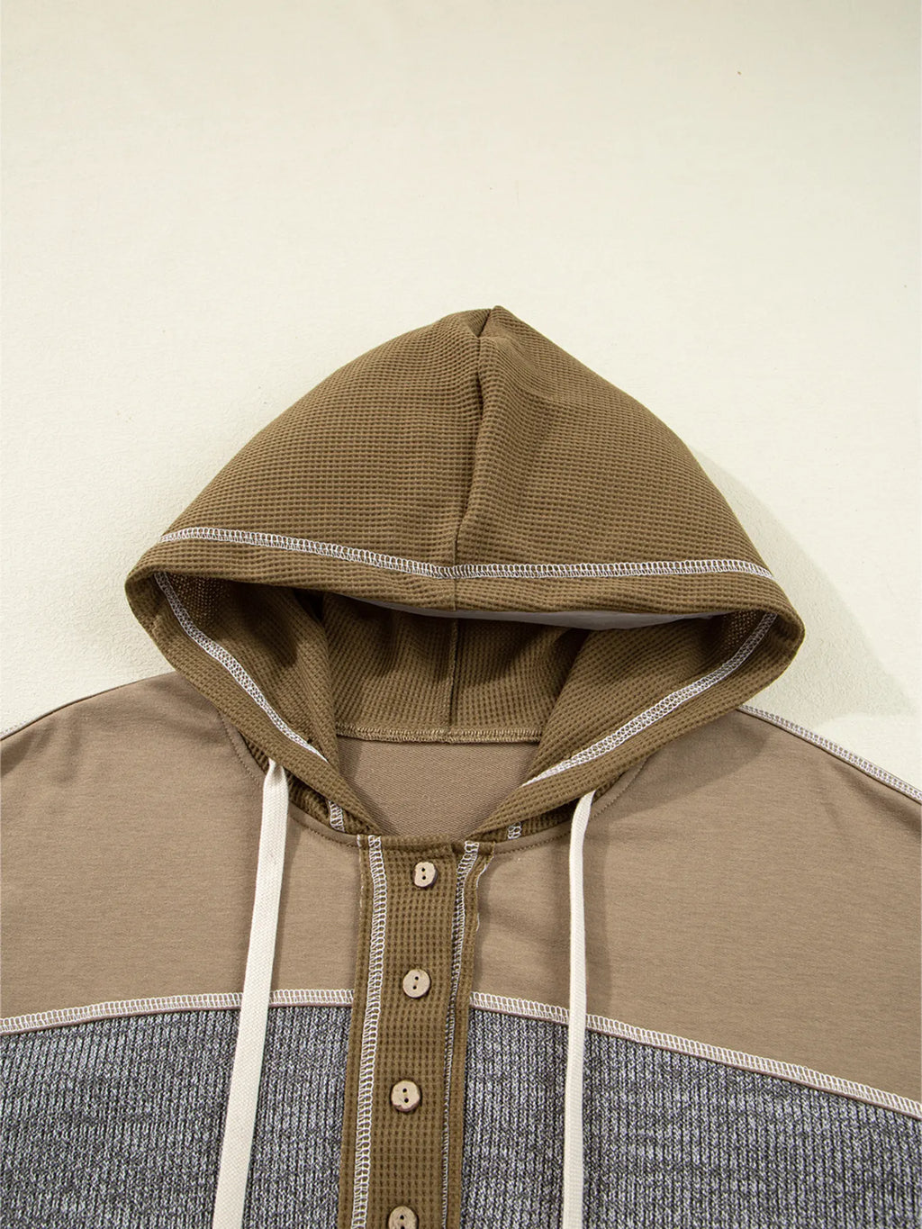 Mixed Texture Patchwork Exposed Seam Half Button Hoodie