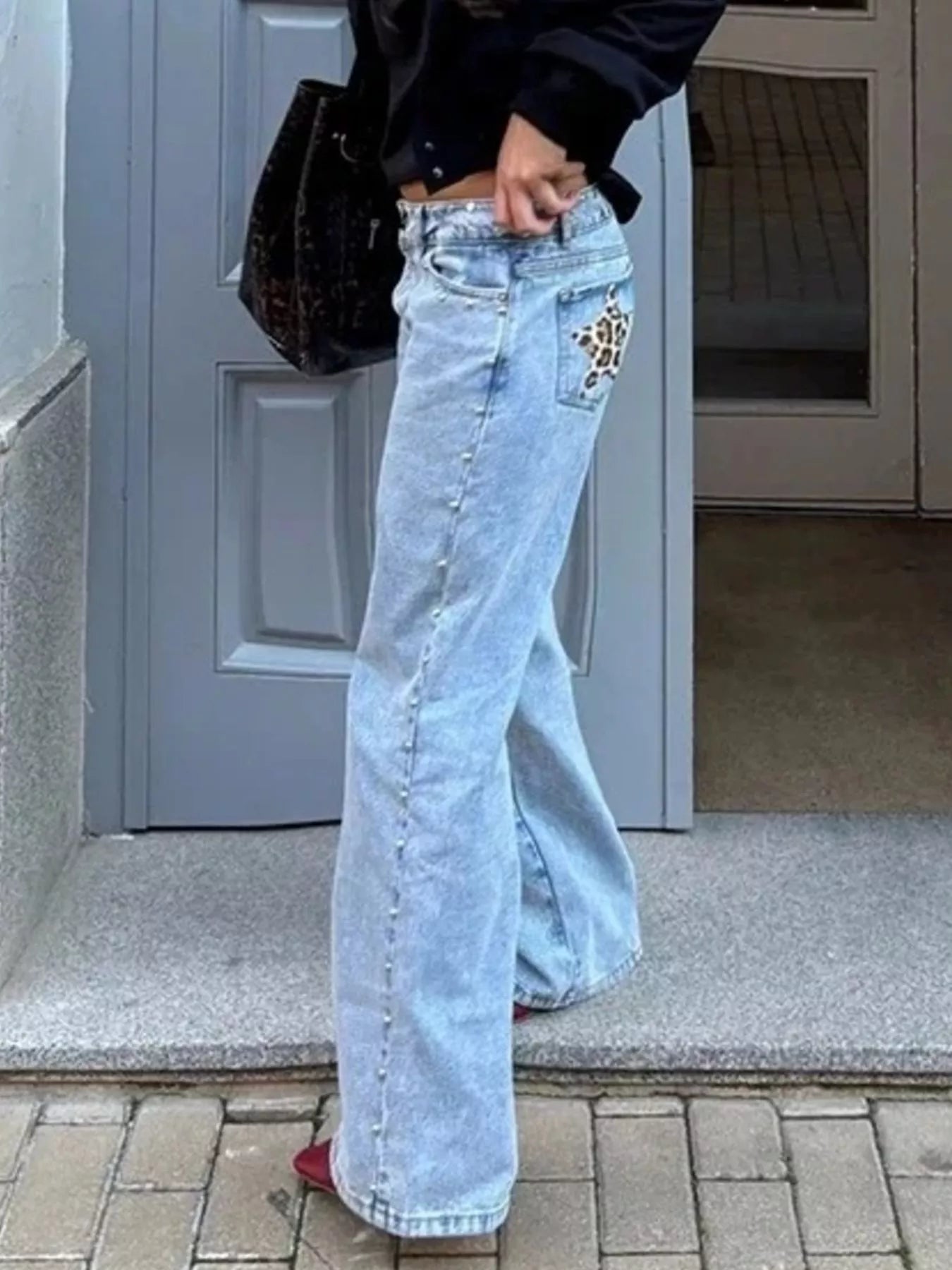 Leopard Star Patches Wide Leg Jeans