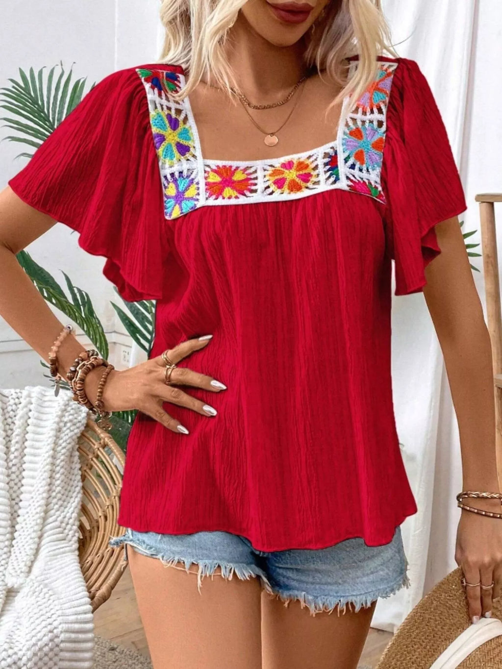 Embroidered Square Neck Flutter Sleeve Blouse