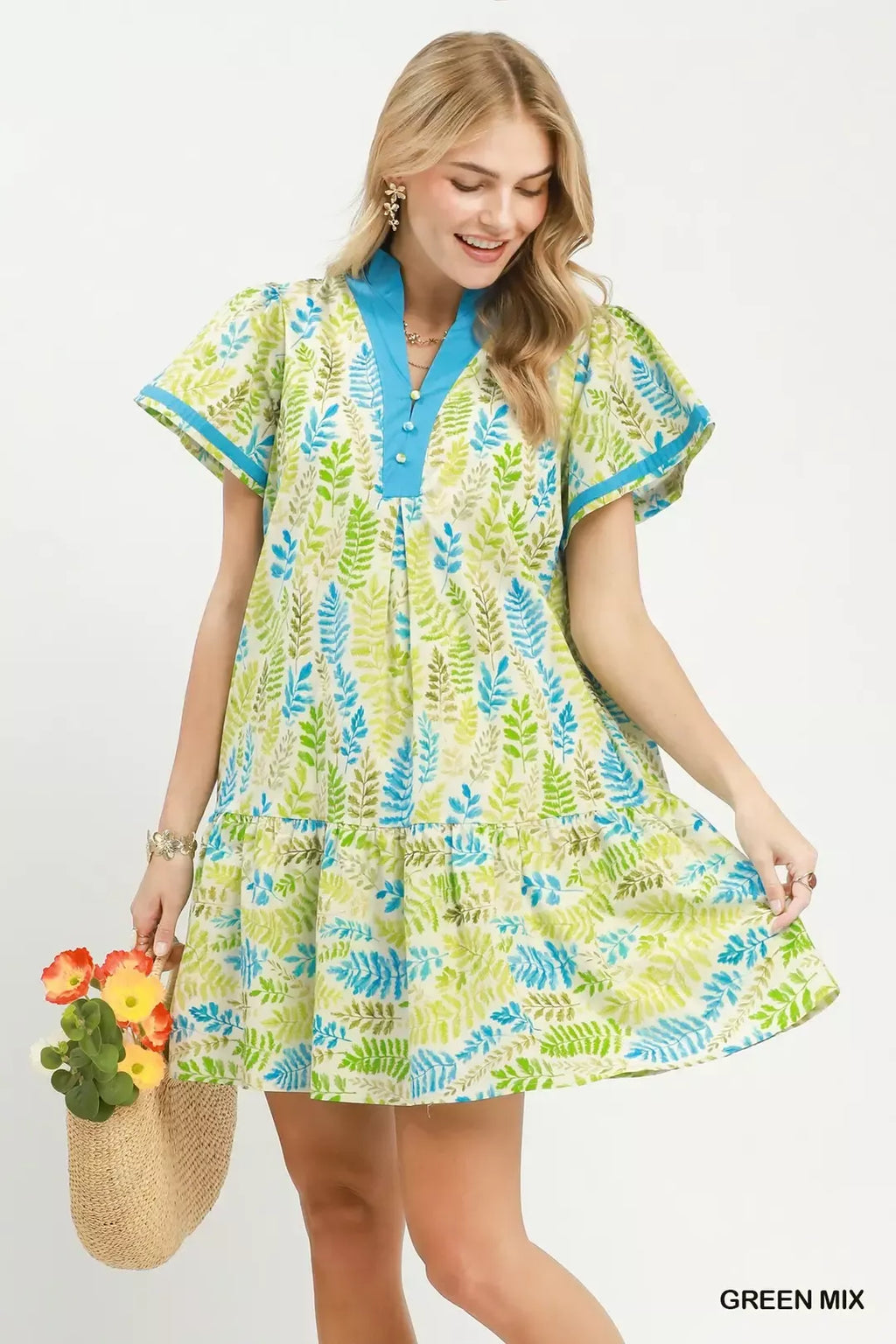 Umgee Leaf Print Flutter Sleeve Tiered Mini Dress