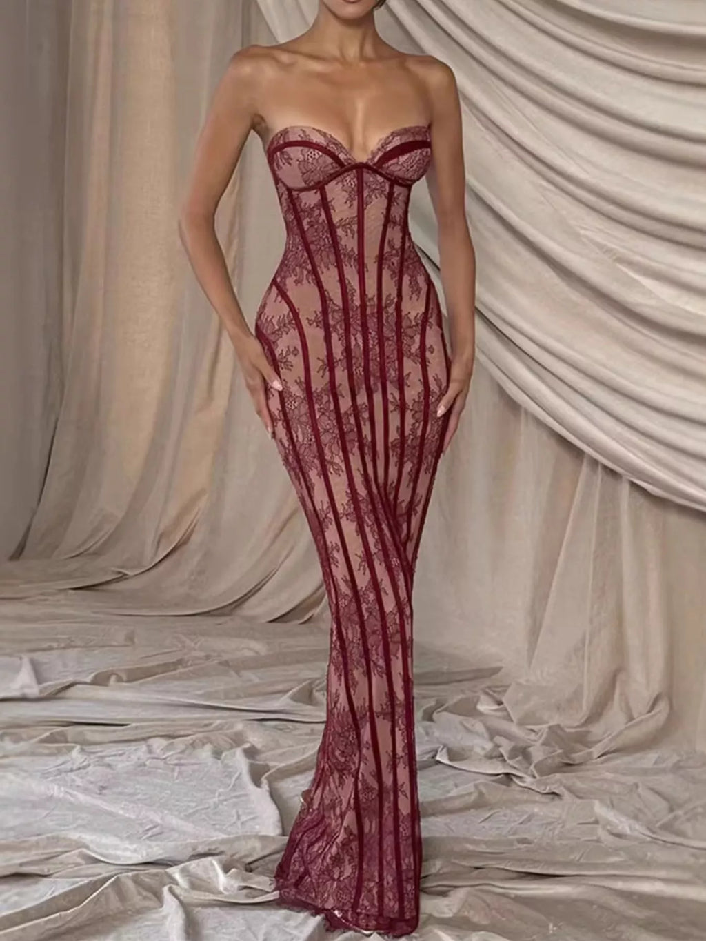 Lace Up Back Strapless Maxi Dress