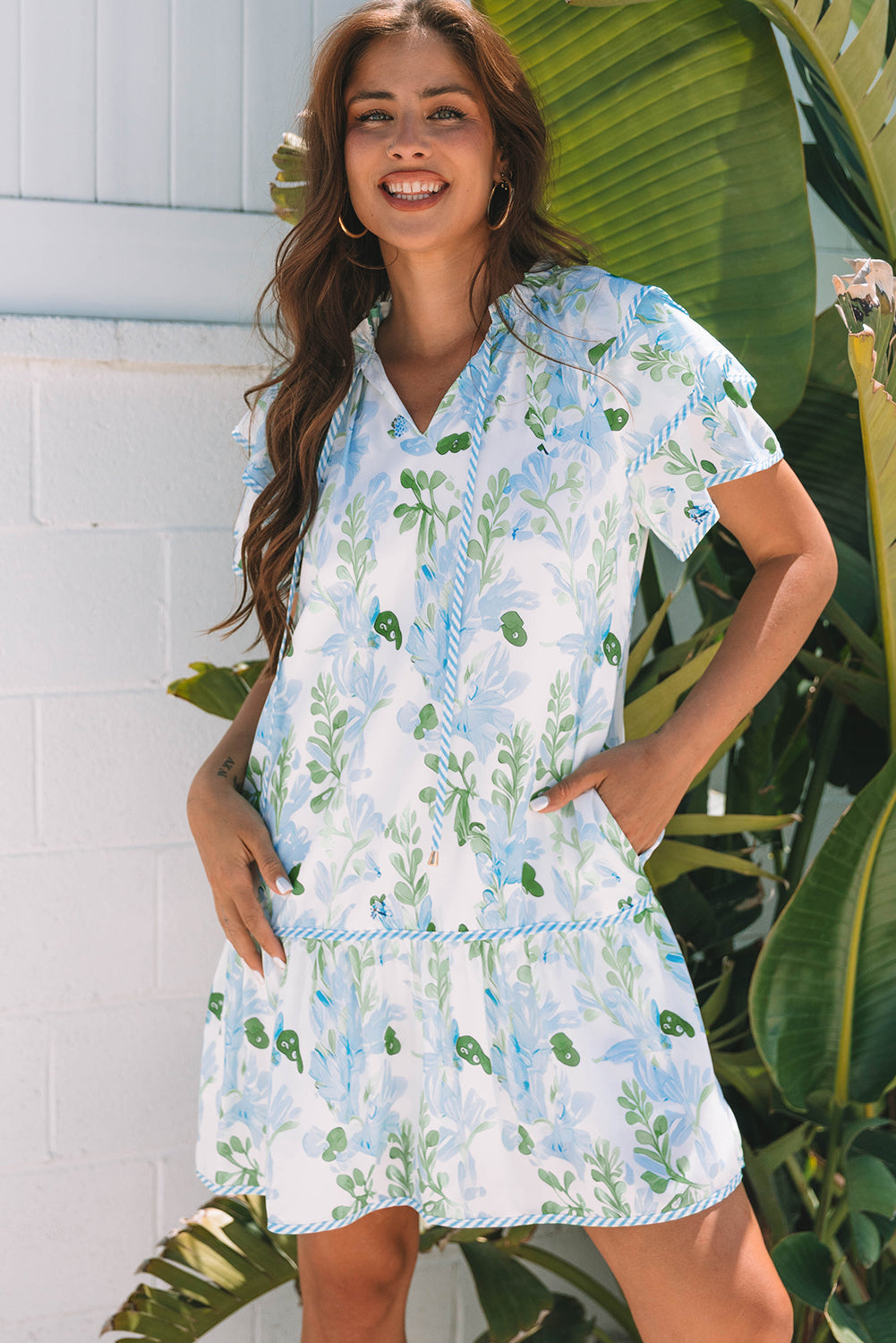 Floral V-Neck Layered Short Sleeve Mini Dress