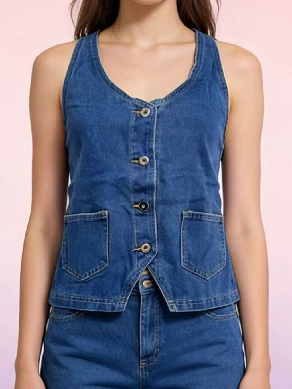 Halter Neck Button-Down Denim Vest
