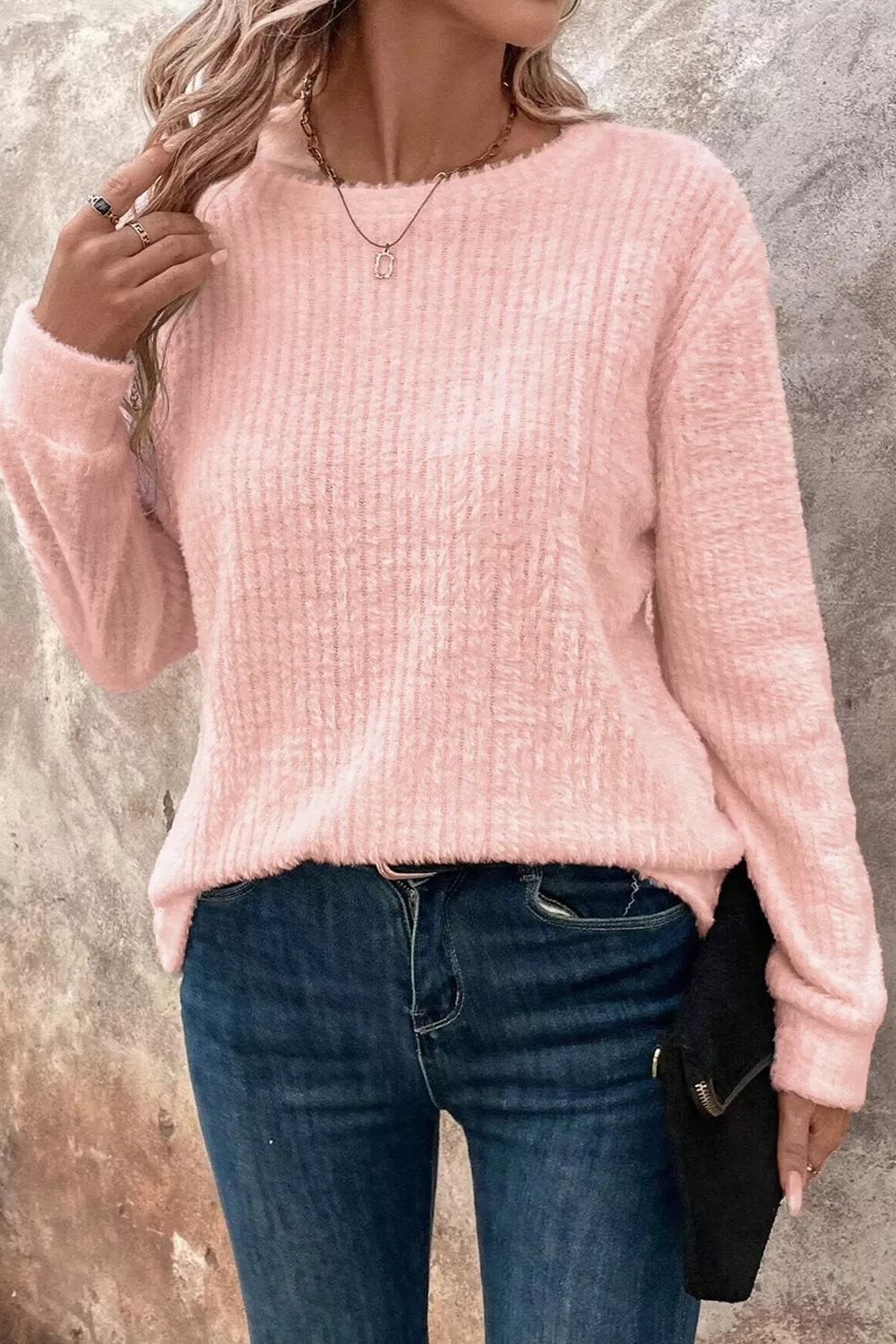 Fuzzy Ribbed Texture Round Neck Long Sleeve Top