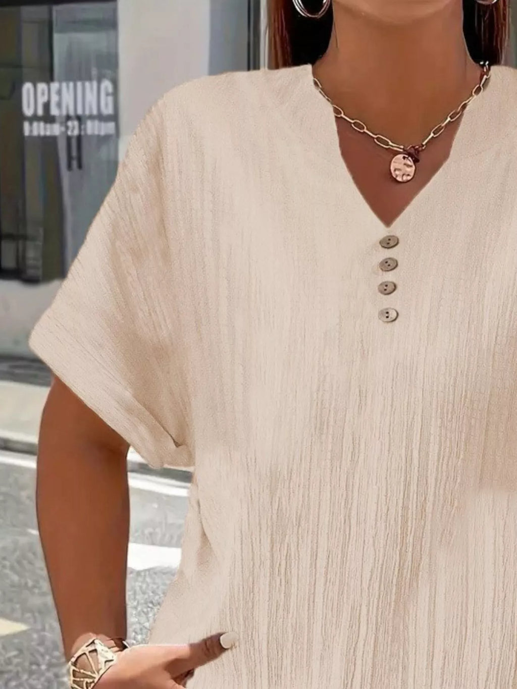 Plus Size Notched Short Sleeve Textured Top