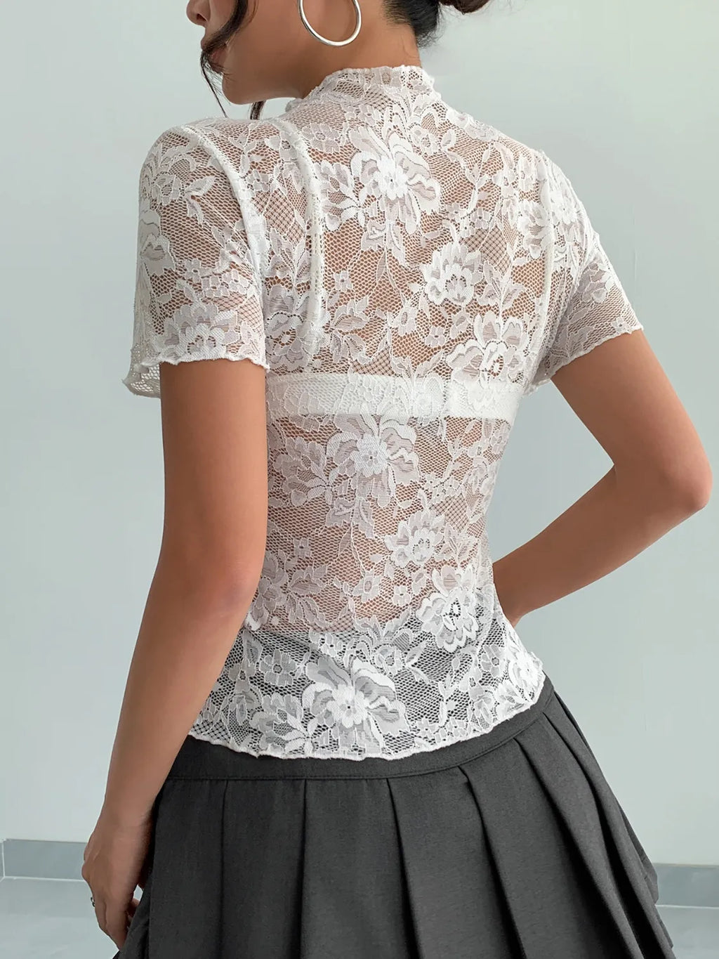 Lace Mock Neck Short Sleeve Top