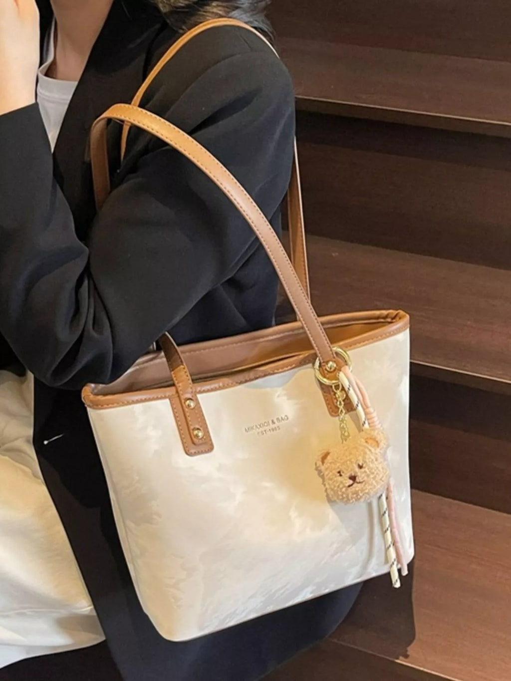 Tote Shoulder Bag with Bear Charm