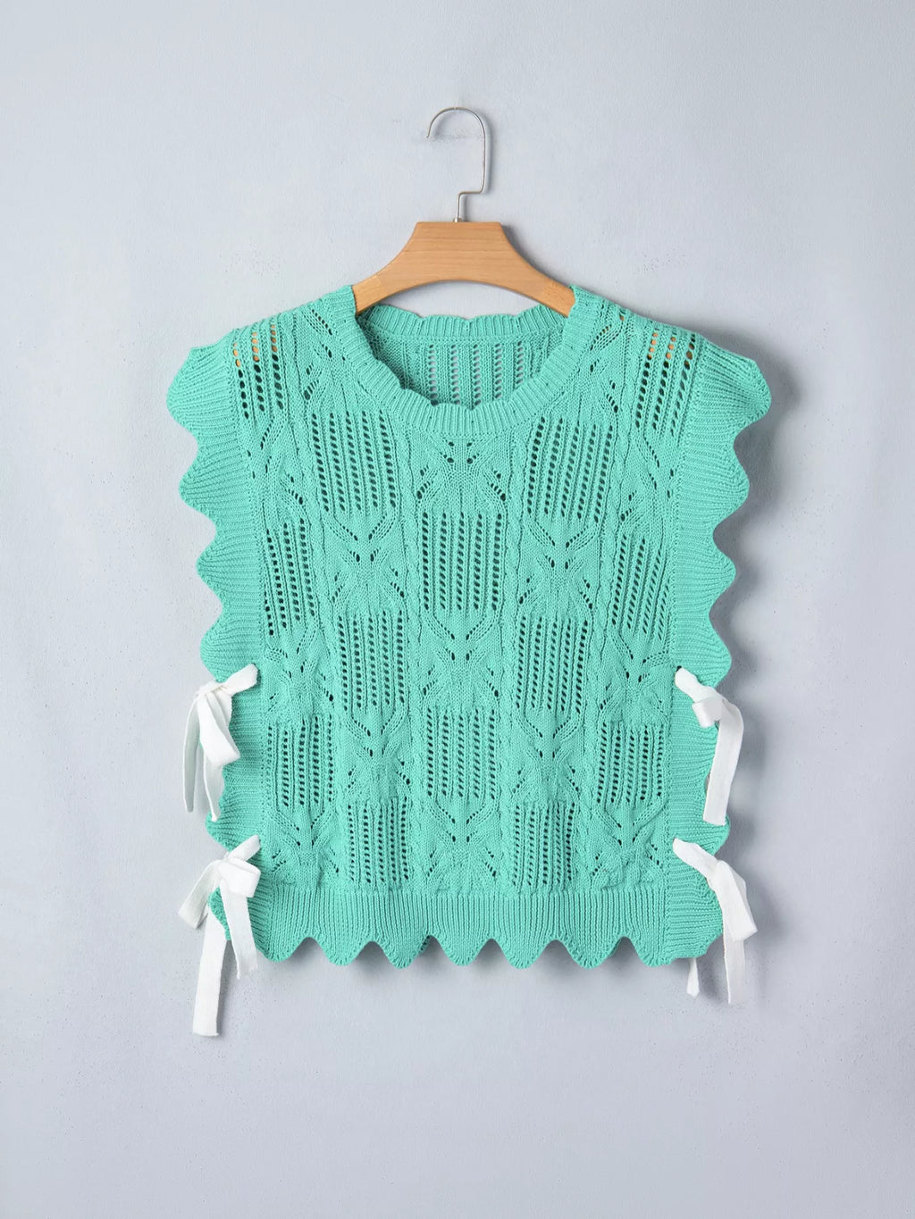 Pointelle Knit Patterned Scalloped Trim Short Sleeve Sweater