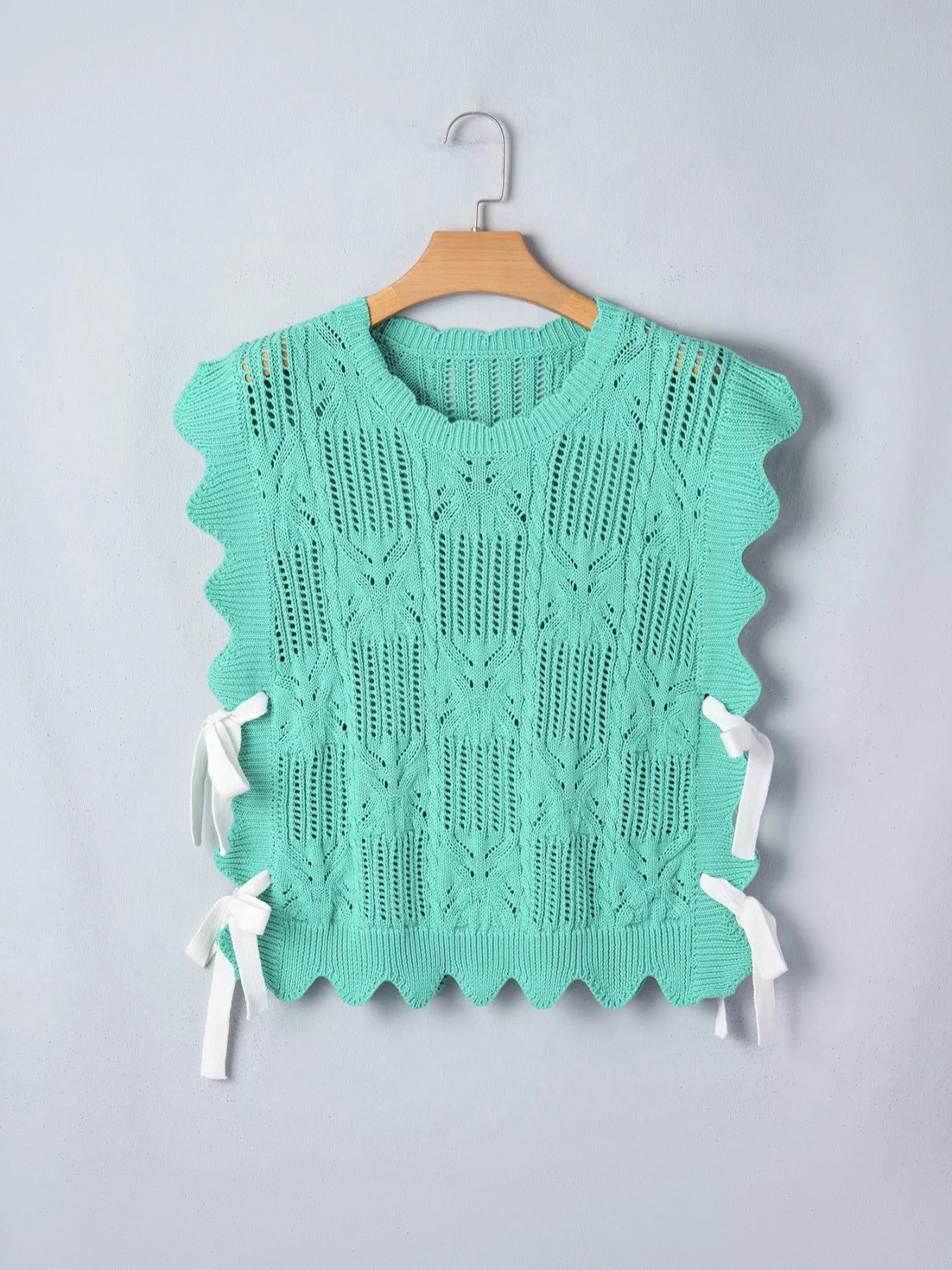 Pointelle Knit Patterned Scalloped Trim Short Sleeve Sweater
