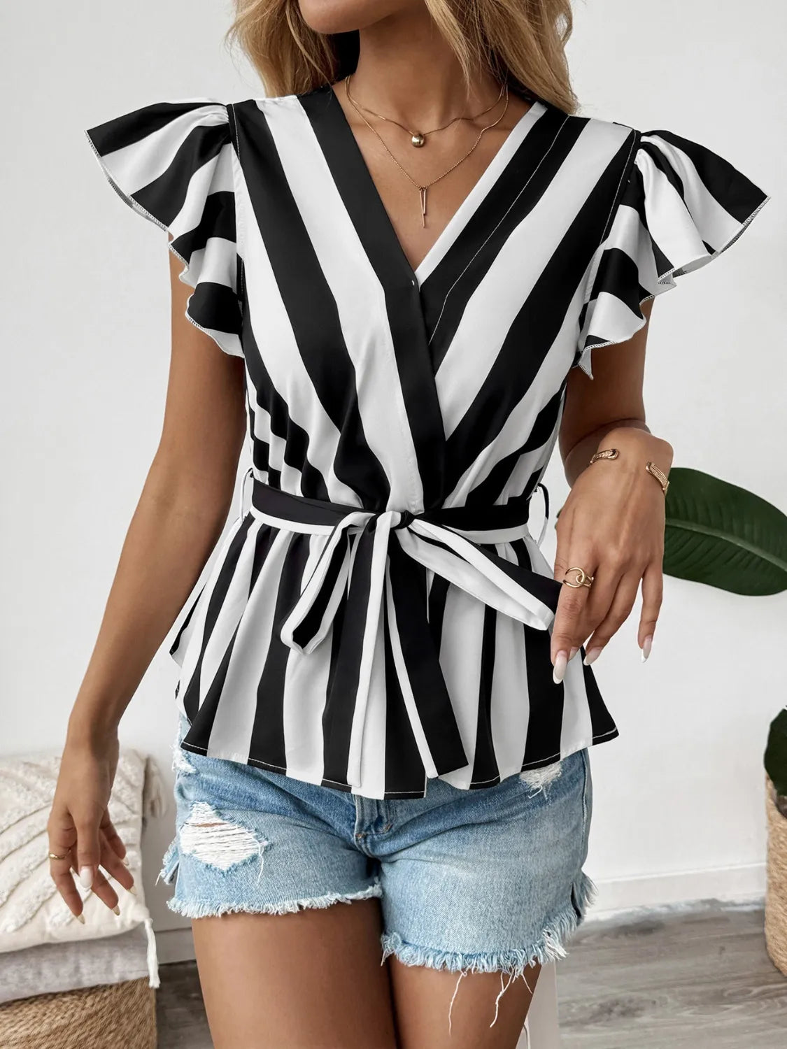 Striped Surplice Flutter Sleeve Wrap Blouse