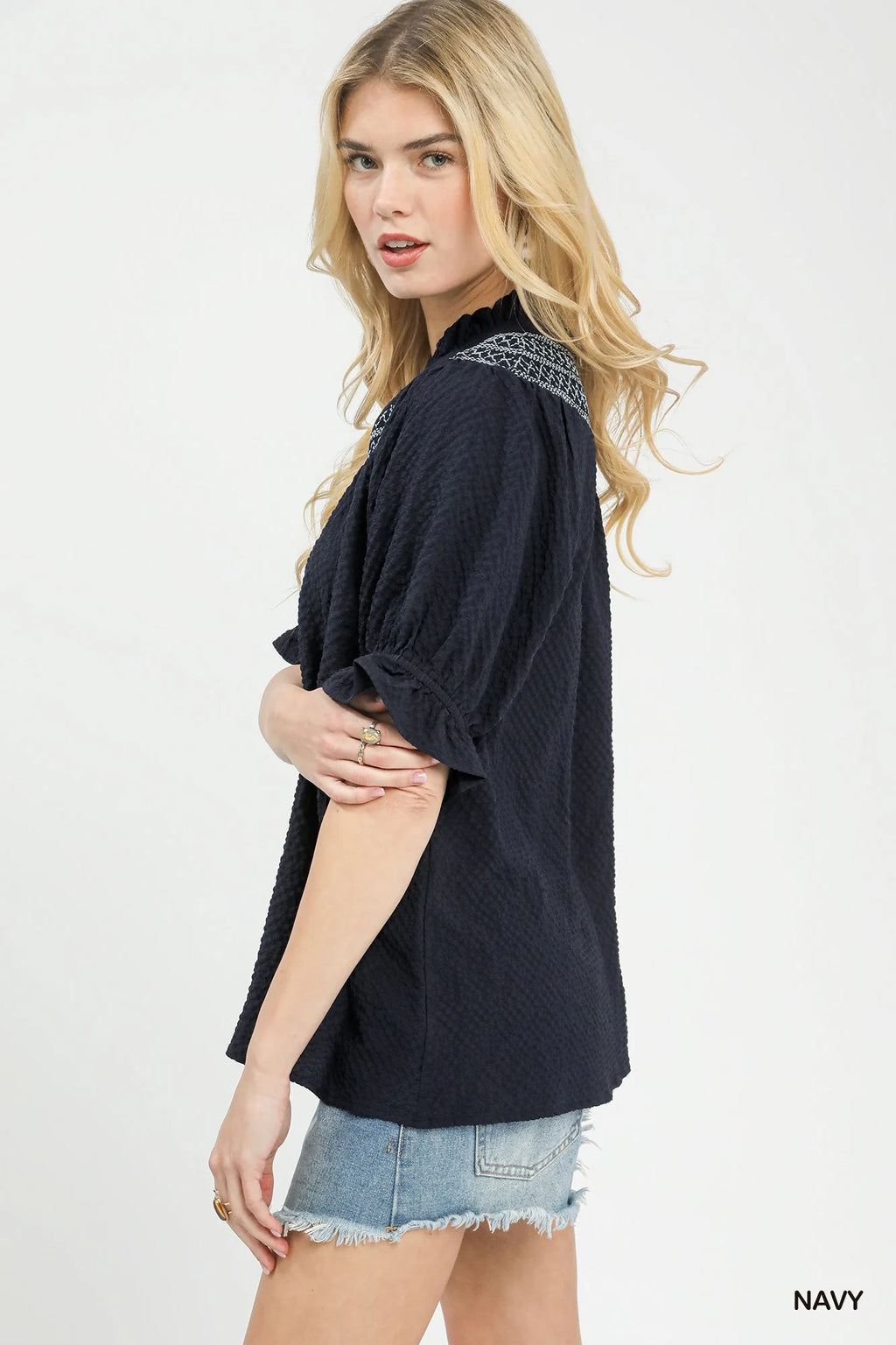 Umgee Textured Henley Blouse with Ruffle Cuffs