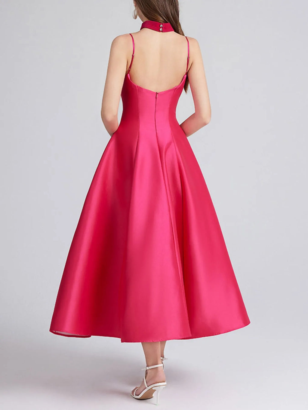 Sweetheart Spaghetti Strap Midi Dress with Collar