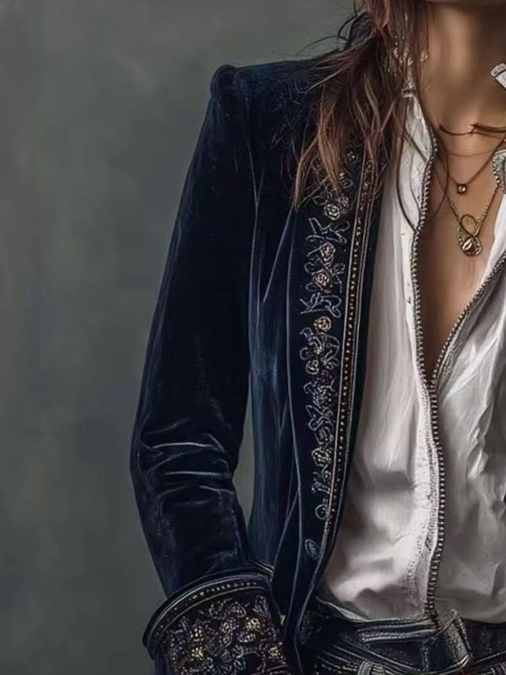 Embroidered Velvet Long Sleeve Outerwear