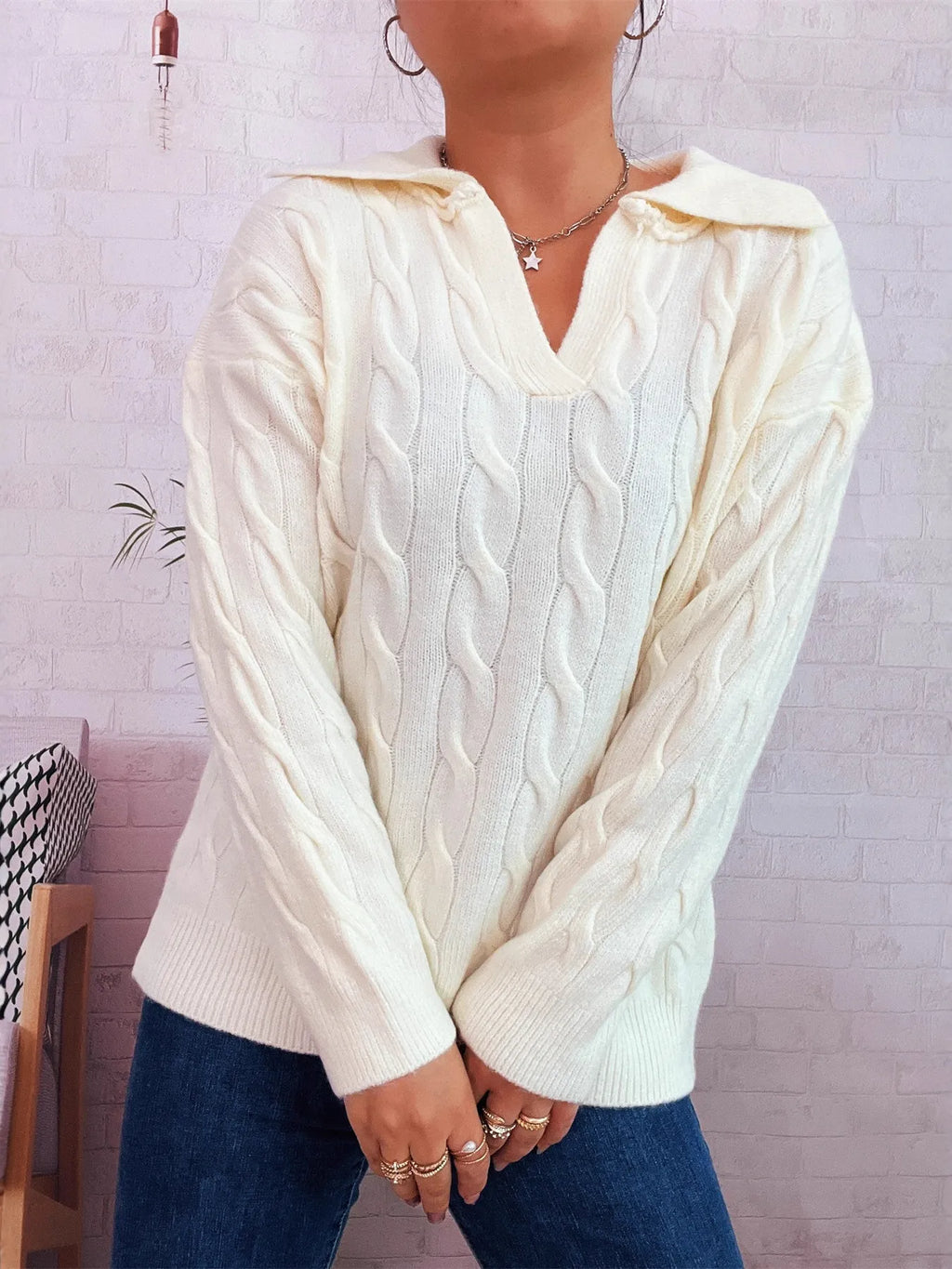 Cable Knit Johnny Collar Sweater