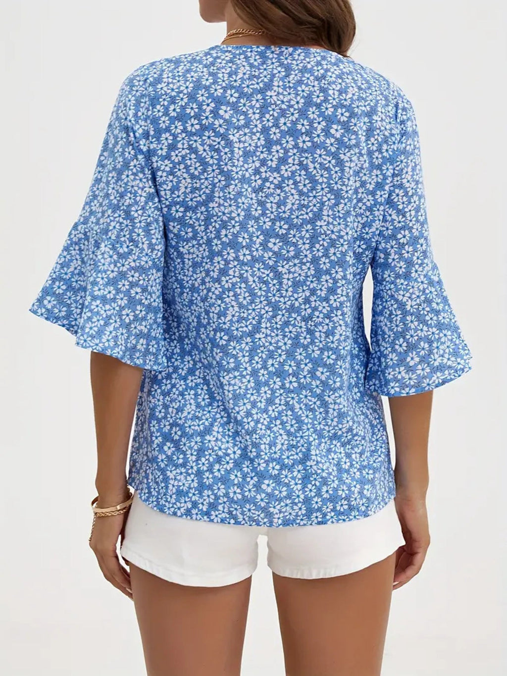 Floral Print V-Neck Bell Sleeve Blouse