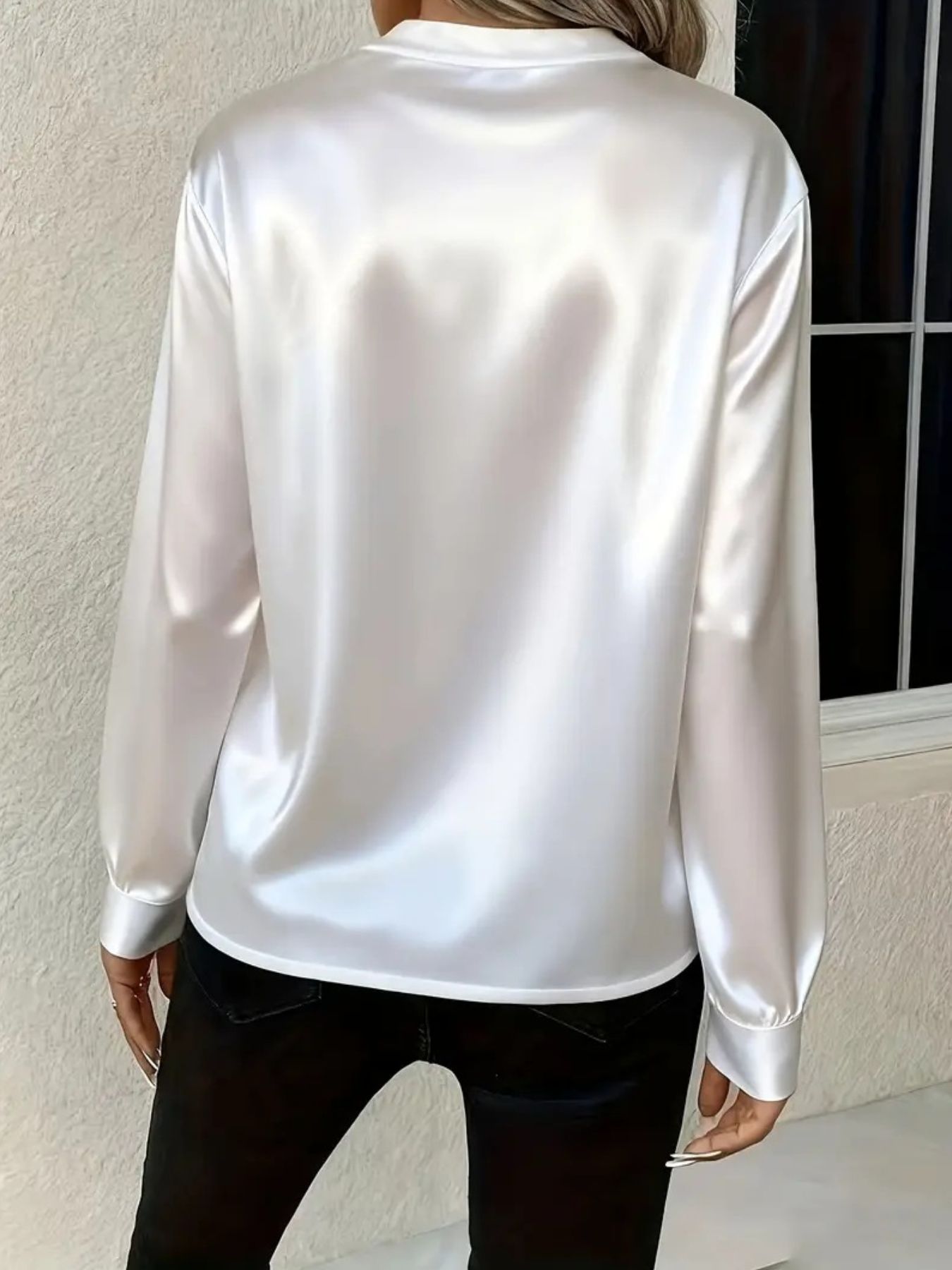 Satin Notched Long Sleeve Blouse