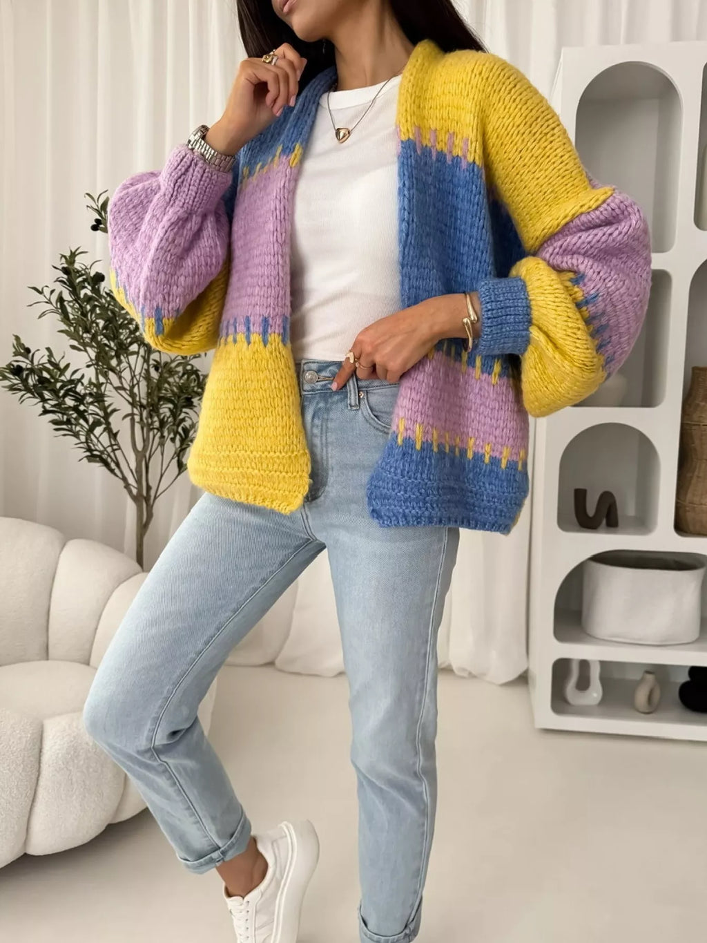 Color Block Open Front Cardigan