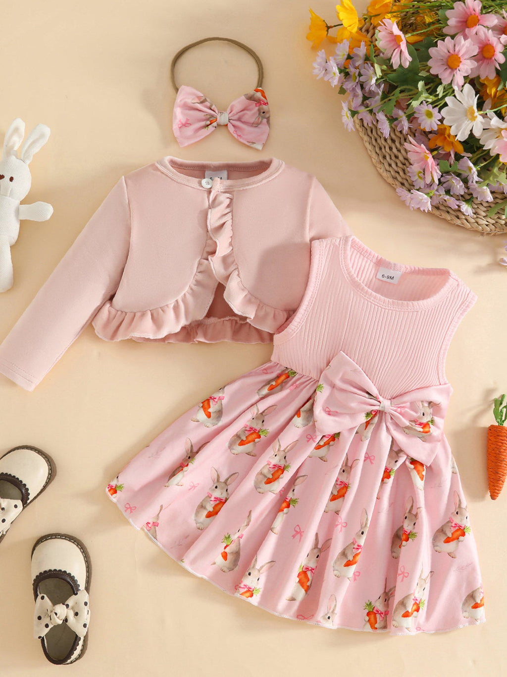 Children's Ruffled Cardigan and Bow Dress Set with Headband
