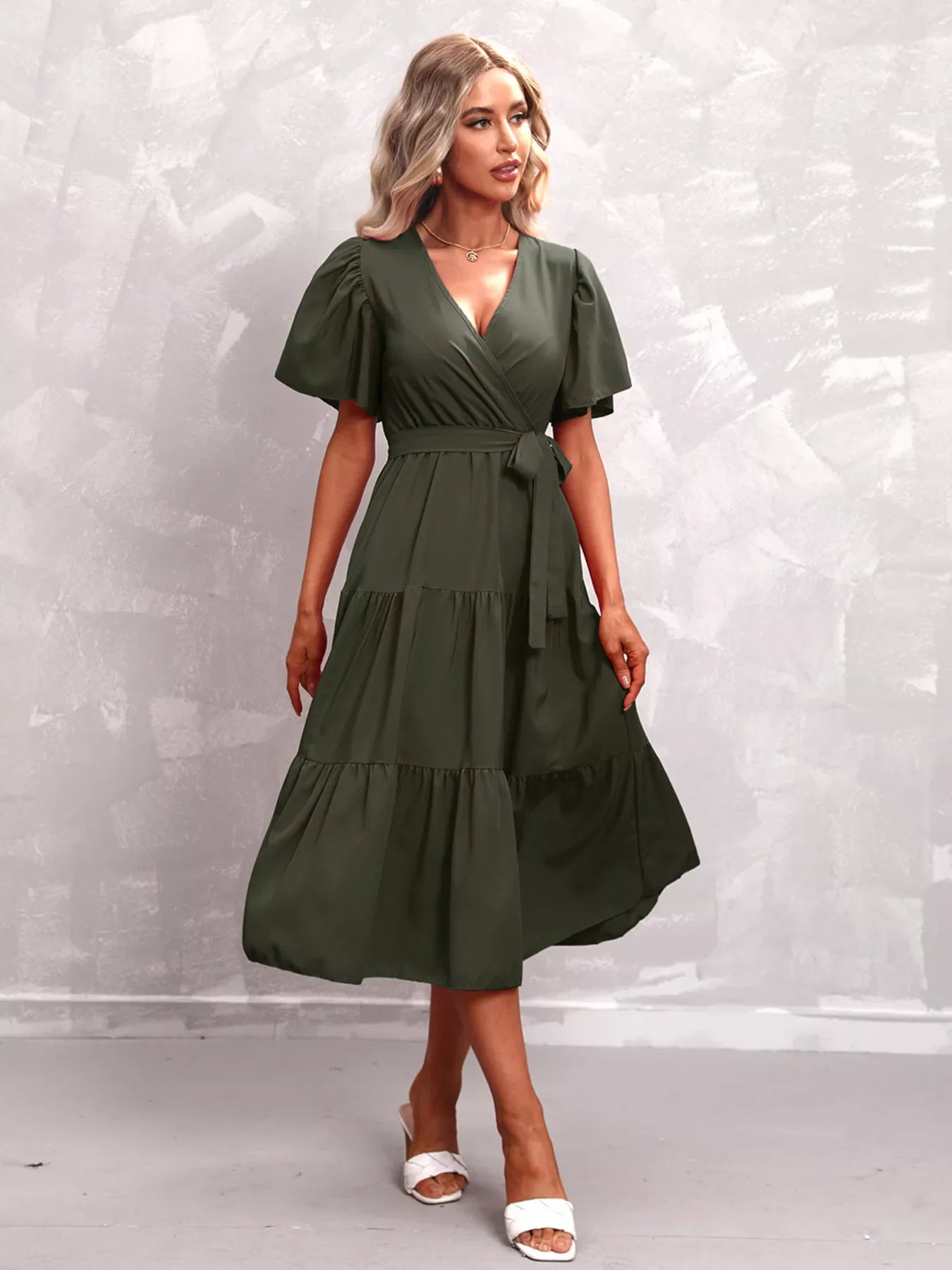 Flutter Sleeve Tiered Midi Dress