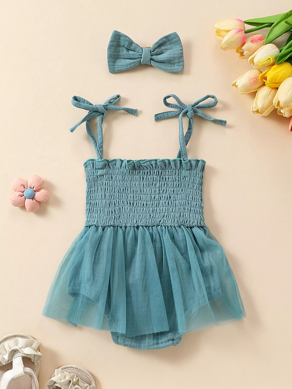 Children's Smocked Tie Shoulder Bodysuit & Headband Set