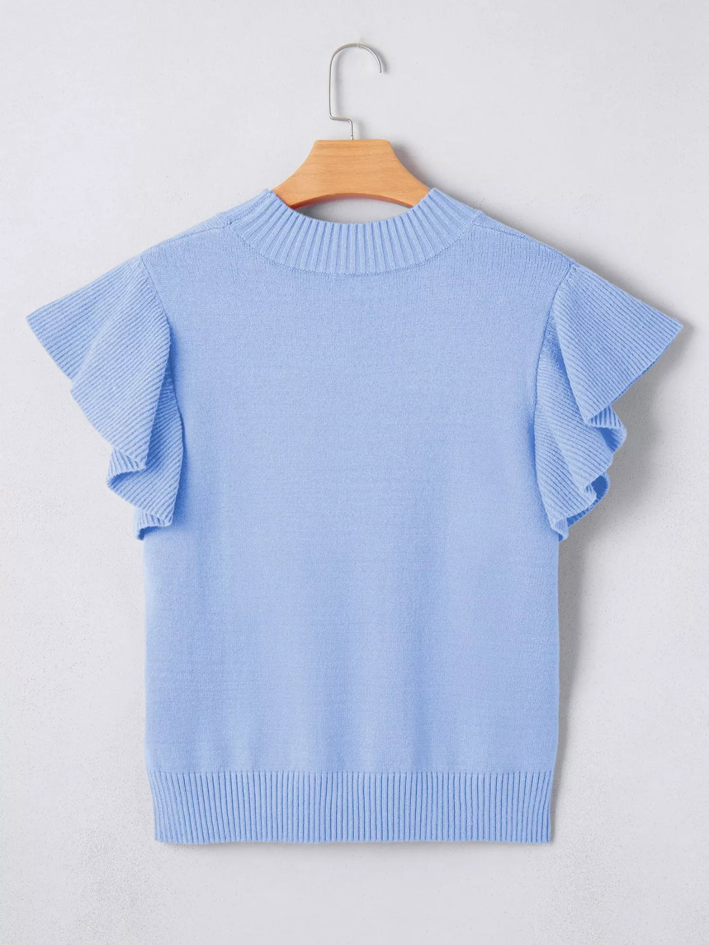 Solid Color Ribbed Trim Round Neck Ruffle Short Sleeve Sweater