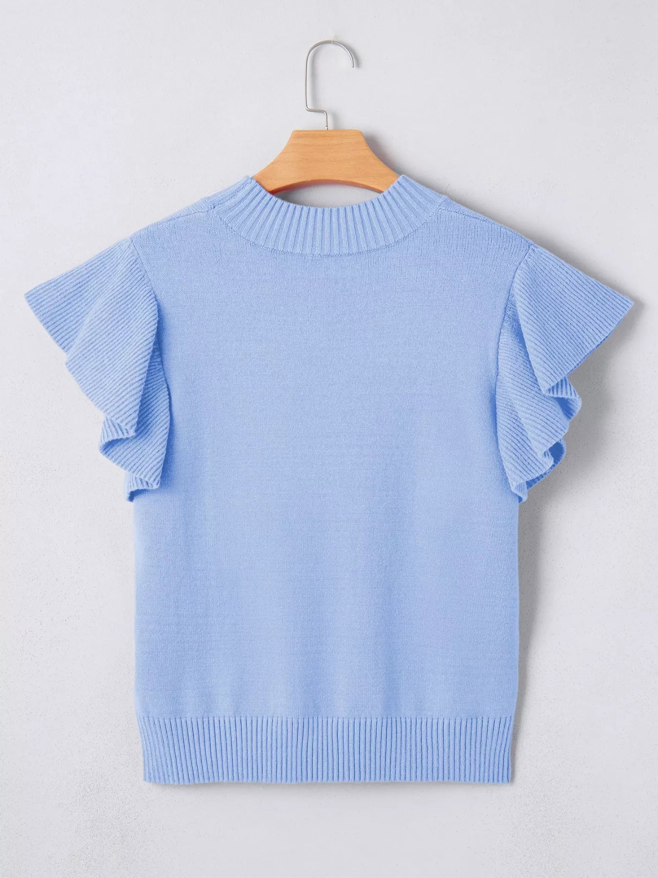 Solid Color Ribbed Trim Round Neck Ruffle Short Sleeve Sweater