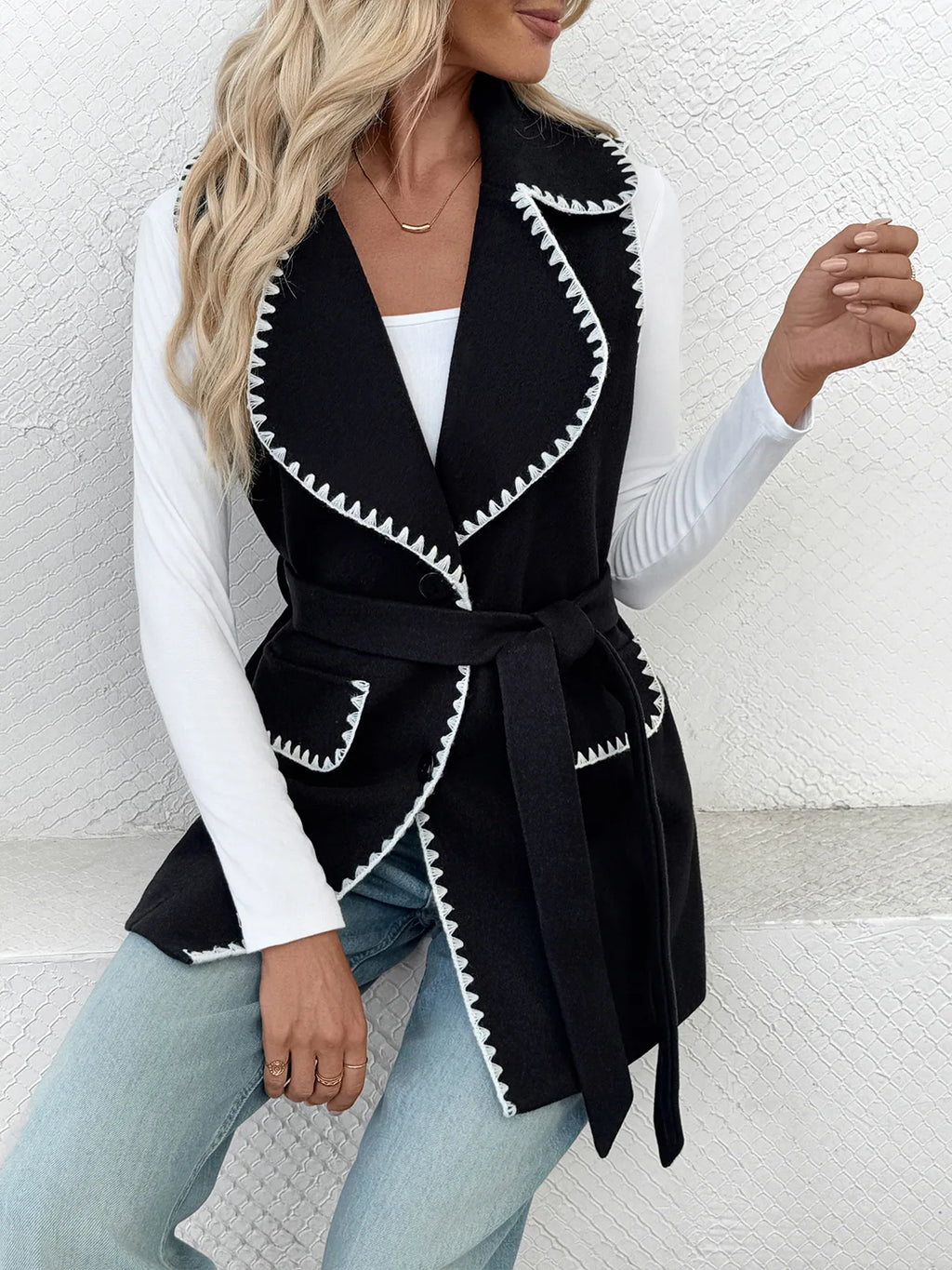 Contrast Trim Collared Neck Vest Coat