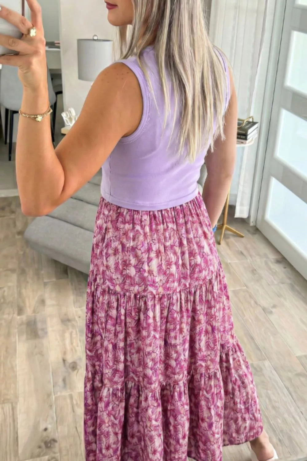 Ribbed V Neck Tank Floral Contrast Patchwork Dress