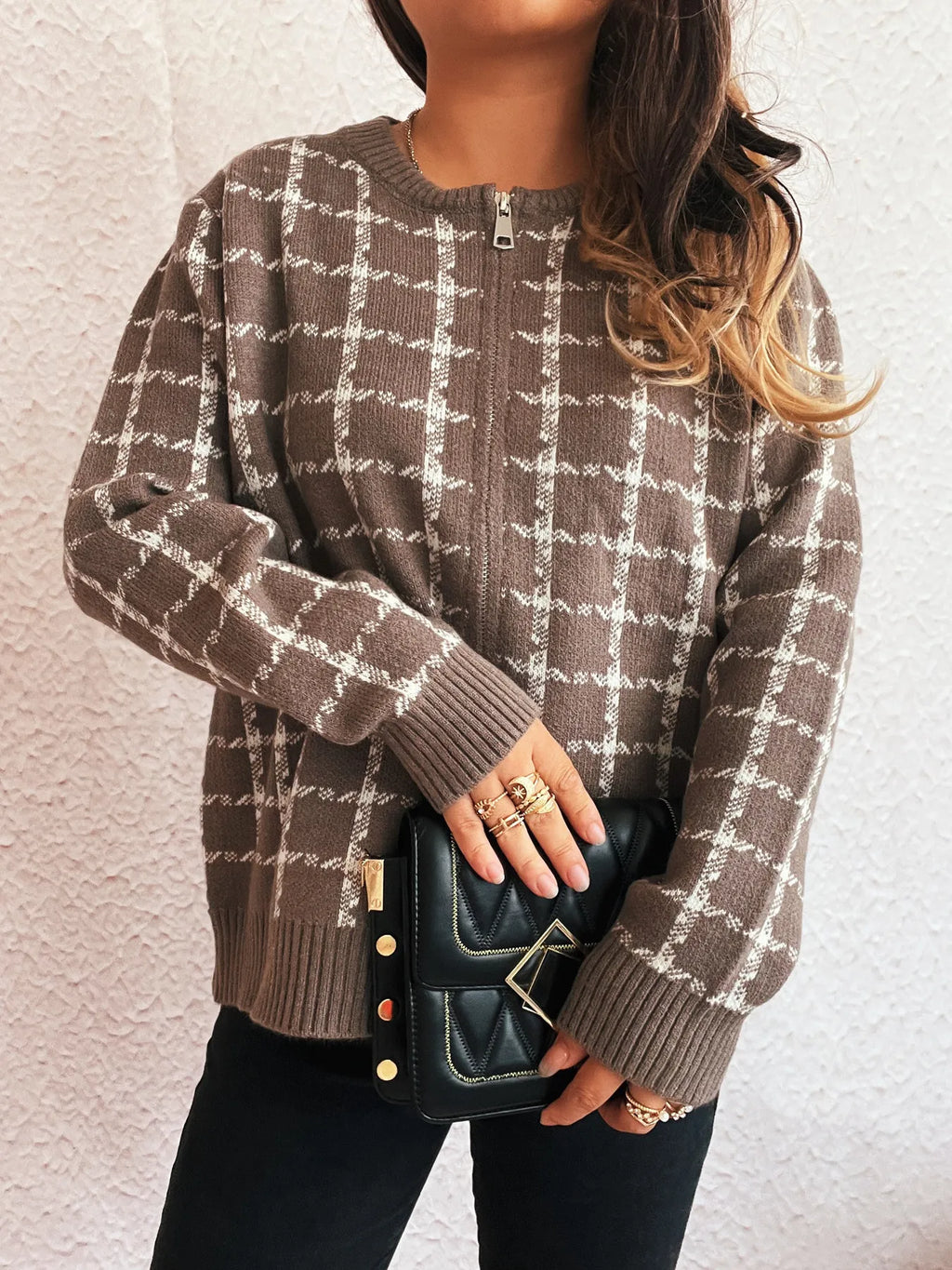 Plaid Pattern Zip Up Cardigan