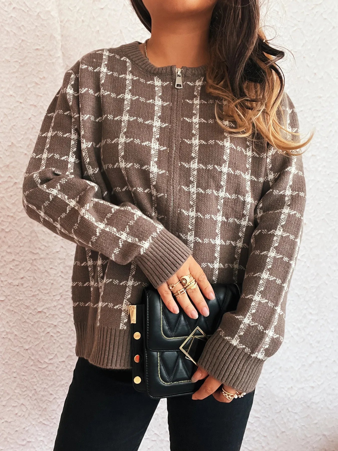 Plaid Pattern Zip Up Cardigan