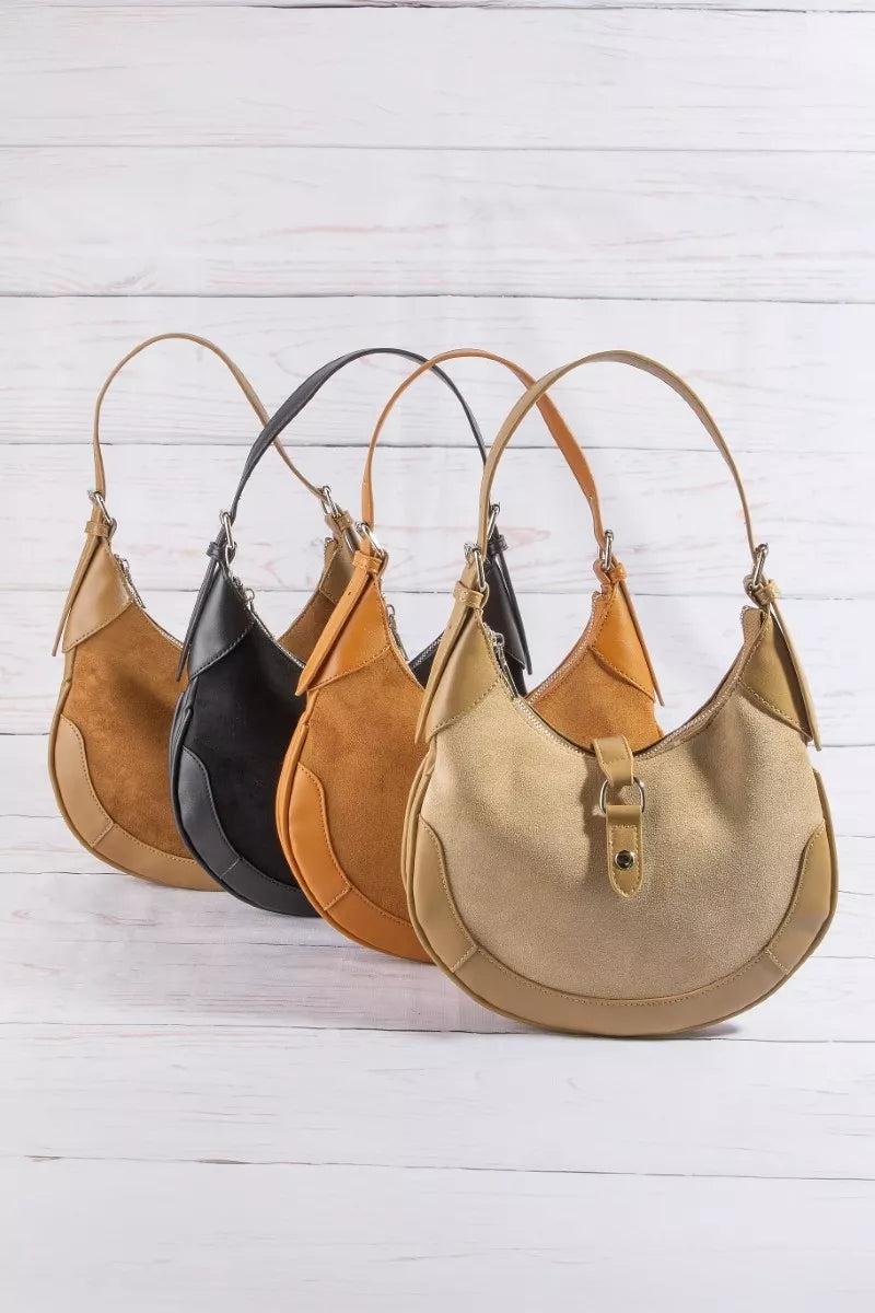 Fame Leather Accent Suede Crescent Shoulder Bag