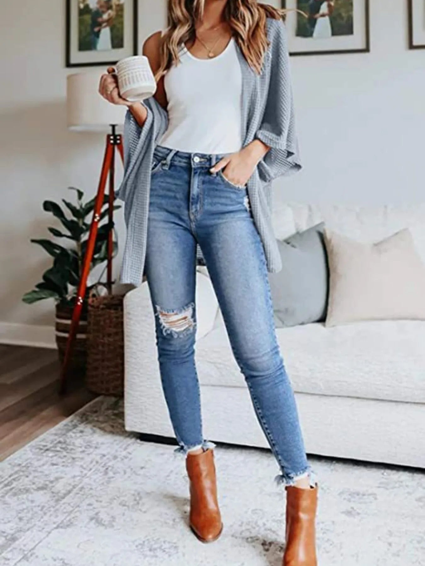 Full Size Open Front Waffle Knit Cardigan Plus Size